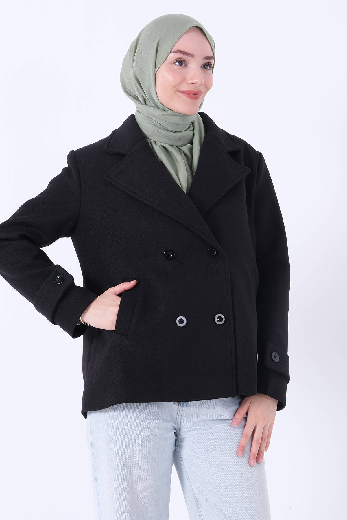 Siyah Fleto Kol Biritli Kruvaze Kaşe Ceket 3971047.01 