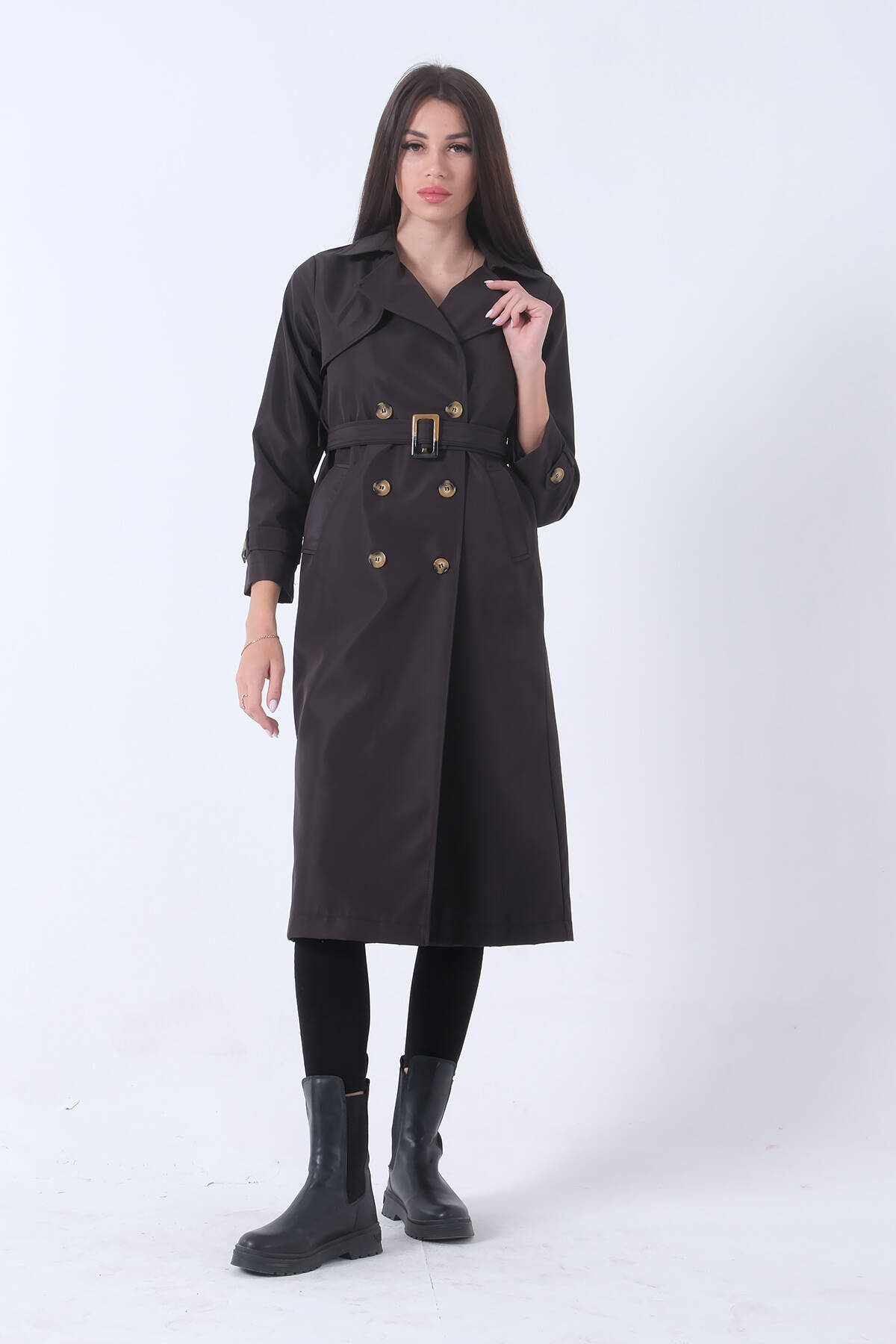 Siyah İçi Astarlı Düğmeli ve Kemerli Trençkot 02040491.01 