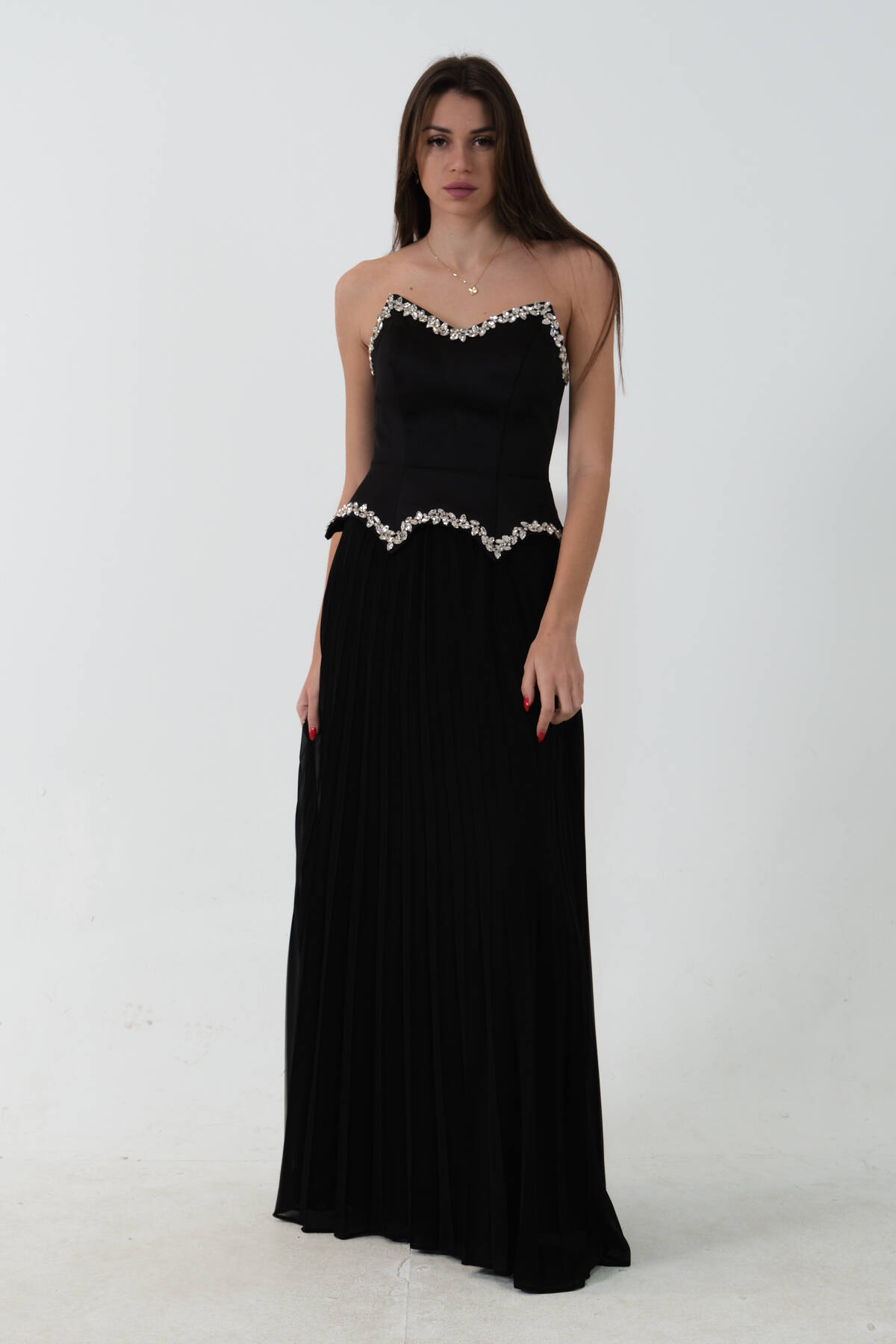 Siyah Kalp Yaka Taş İşlemeli Şal Detaylı Eteği Pileli Abiye 0801187.01 - Ardanewline