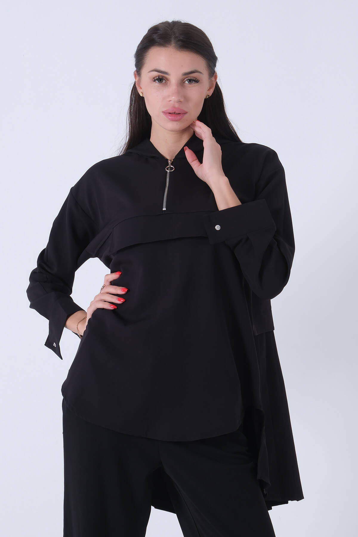 Siyah Kapüşon Fermuarlı Eteği Piliseli Tunik 3972931.01 