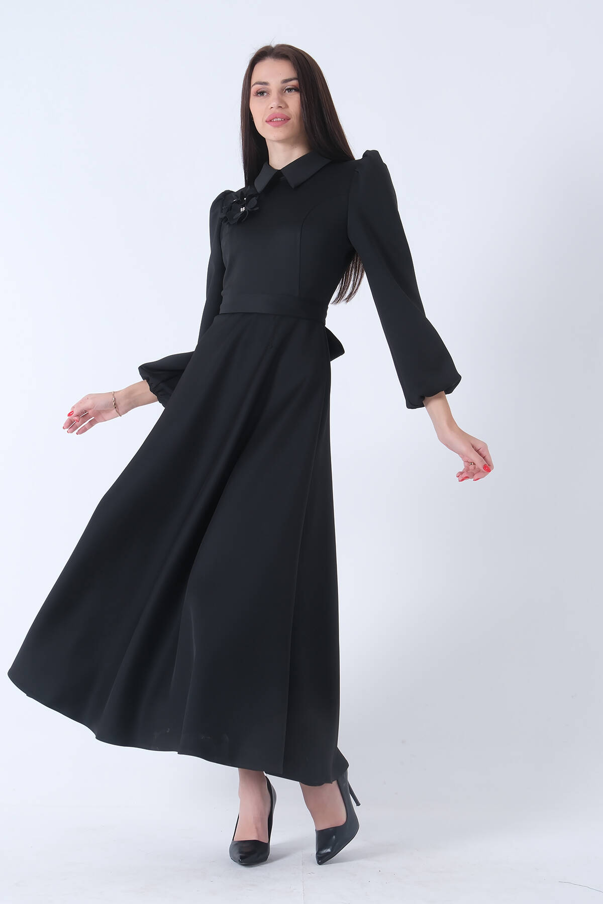 Siyah Kemer Bağlamalı Kloş Elbise 4593260.01 
