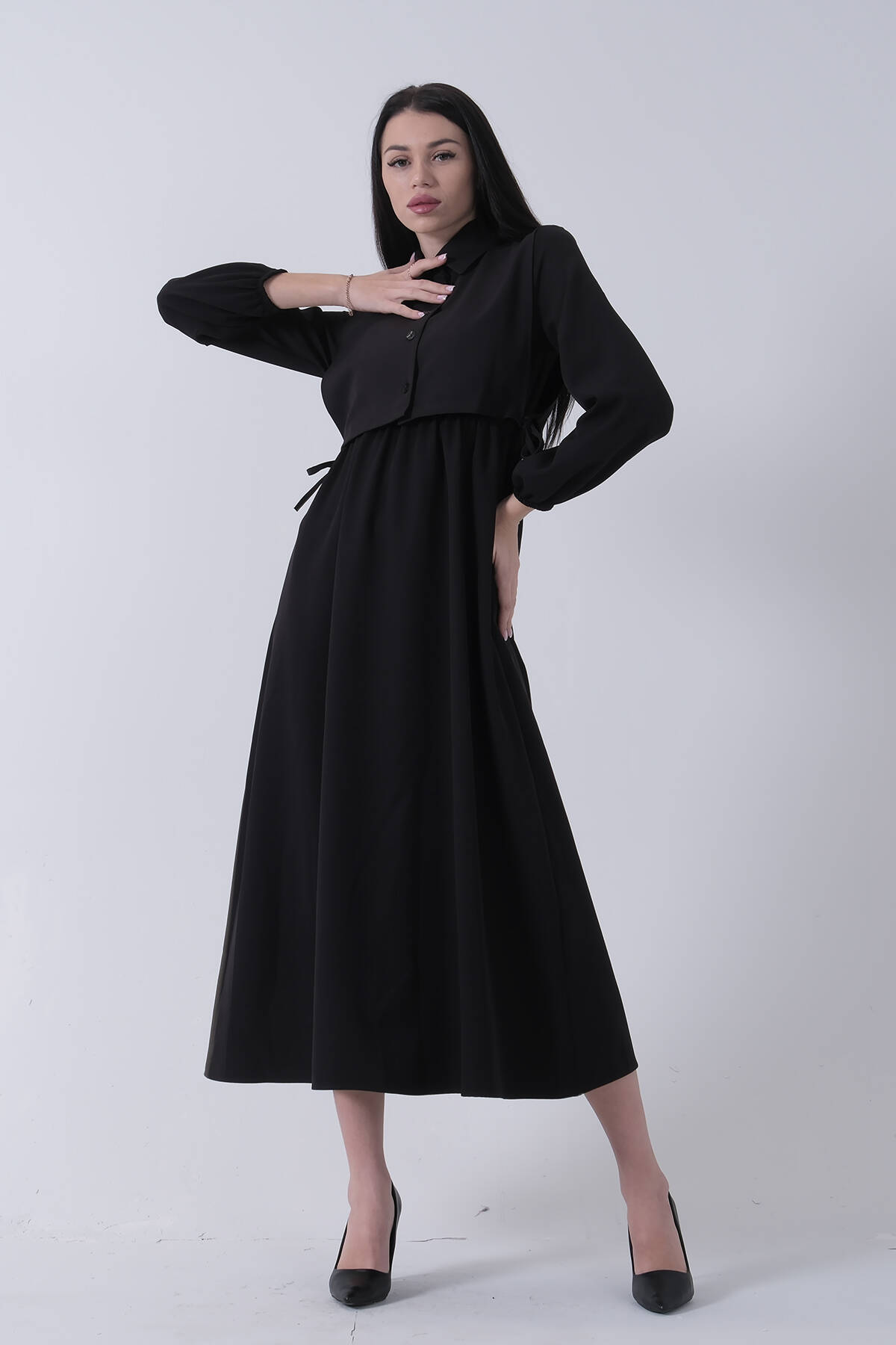 Siyah Kendinden Gömlek Detaylı Elbise 31061473.01 - Ardanewline