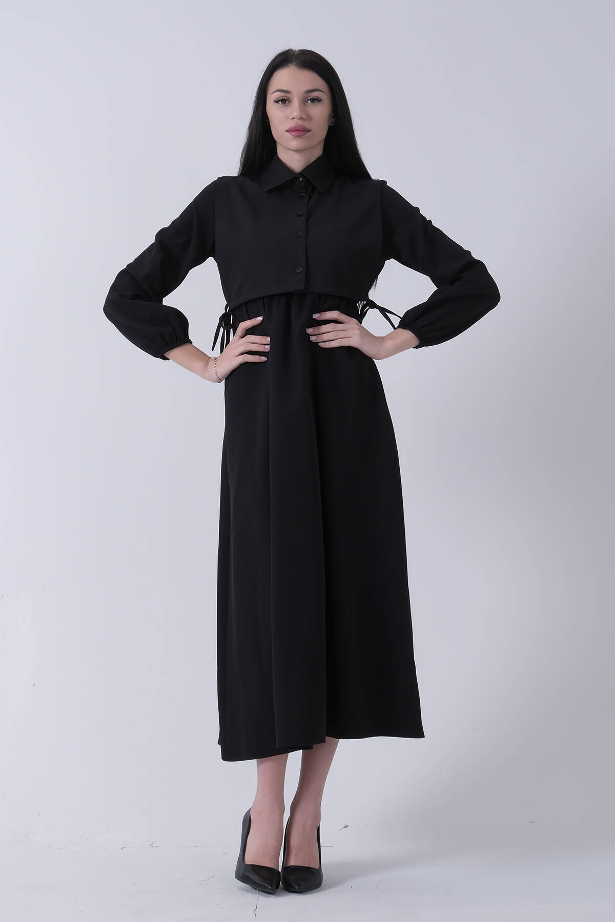 Siyah Kendinden Gömlek Detaylı Elbise 31061473.01 - Ardanewline (1)