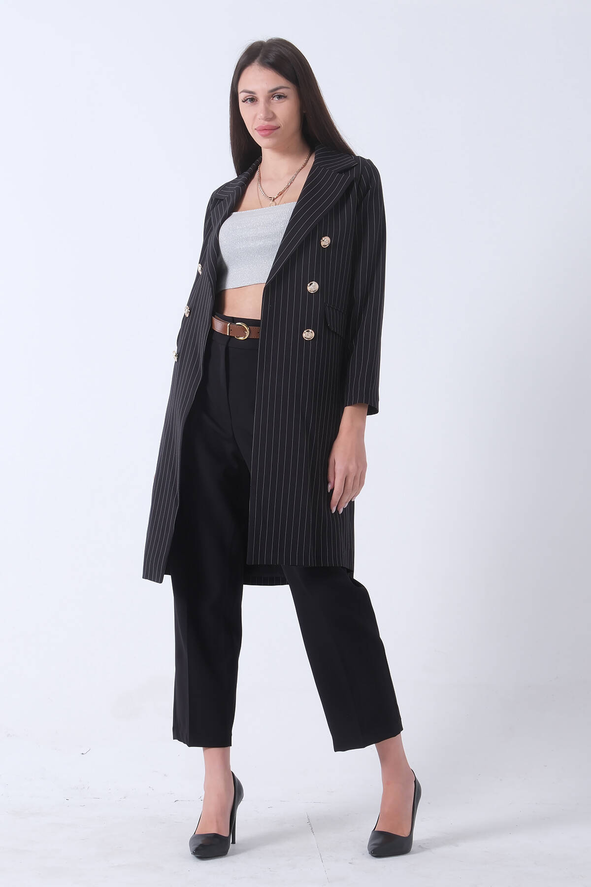 Siyah Klasik Yaka Çizgili Uzun Ceket 08091161.01 