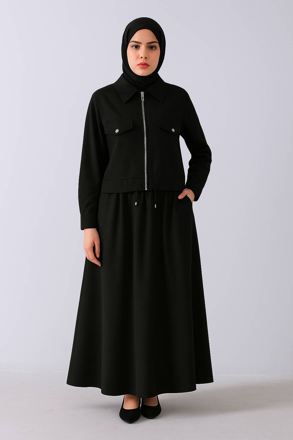 Siyah Kol Fermuar Detaylı Cep Görünüm Ceket Etekli Takım 44510857.01 - Ardanewline