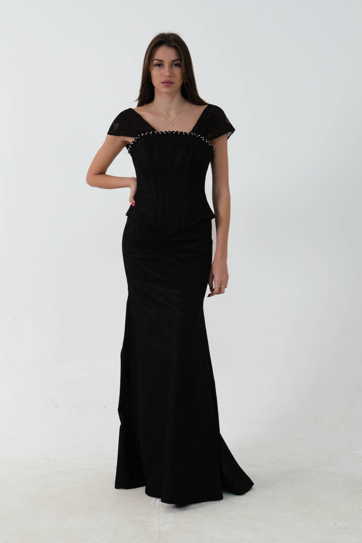 Siyah Korse Detaylı Dantel Kapamalı Düşük Omuz Abiye 9705791.01 Siyah