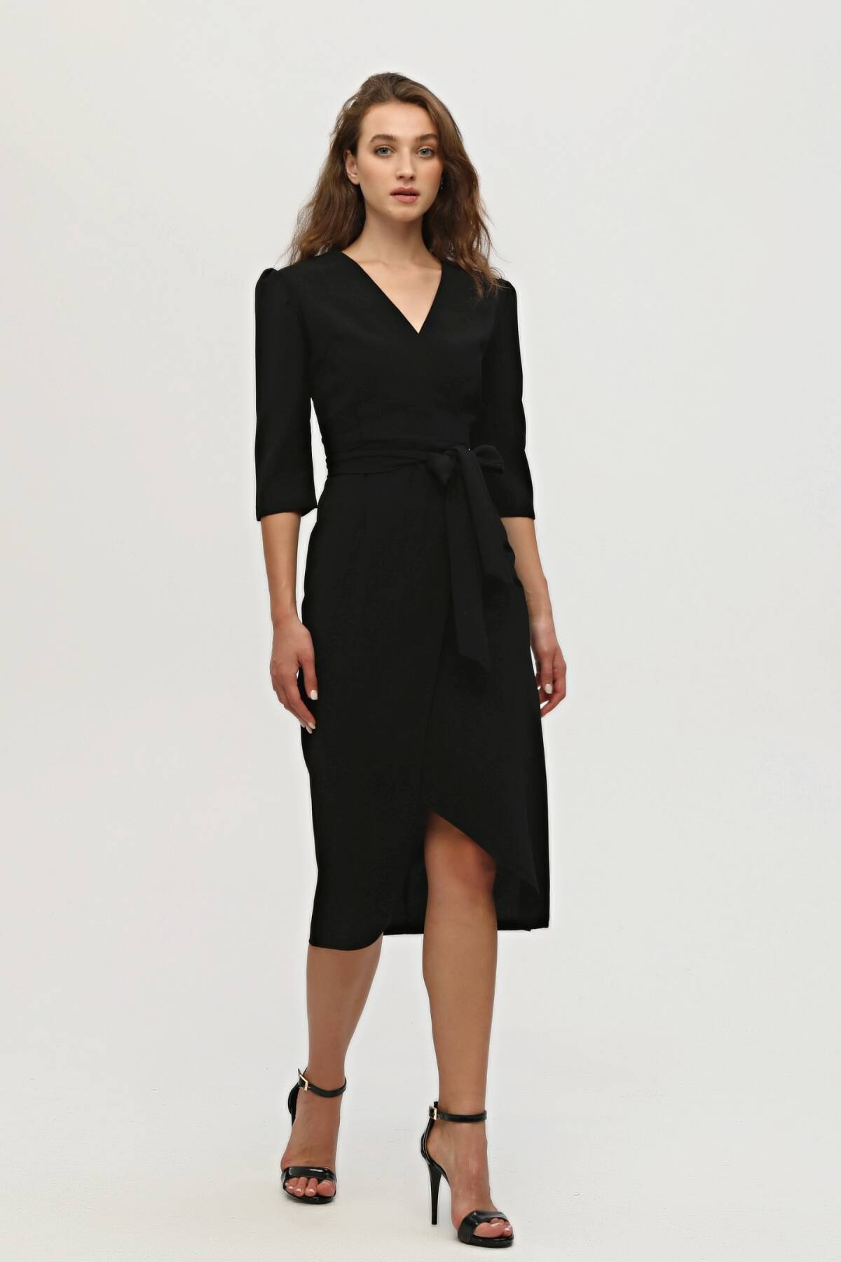 Siyah Kruvaze Yaka Midi Boy Krep Elbise 0104010.01 