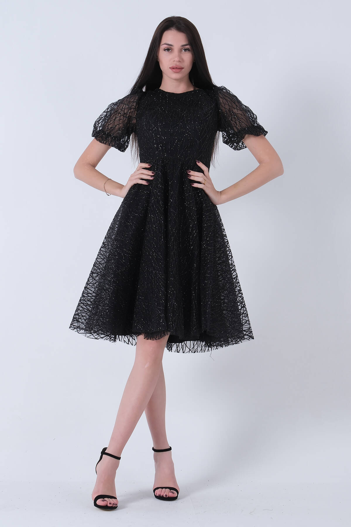 Siyah Midi Boy Kısa Yuvarlak Yaka Simli Tül Abiye Elbise 6502459.01 Siyah