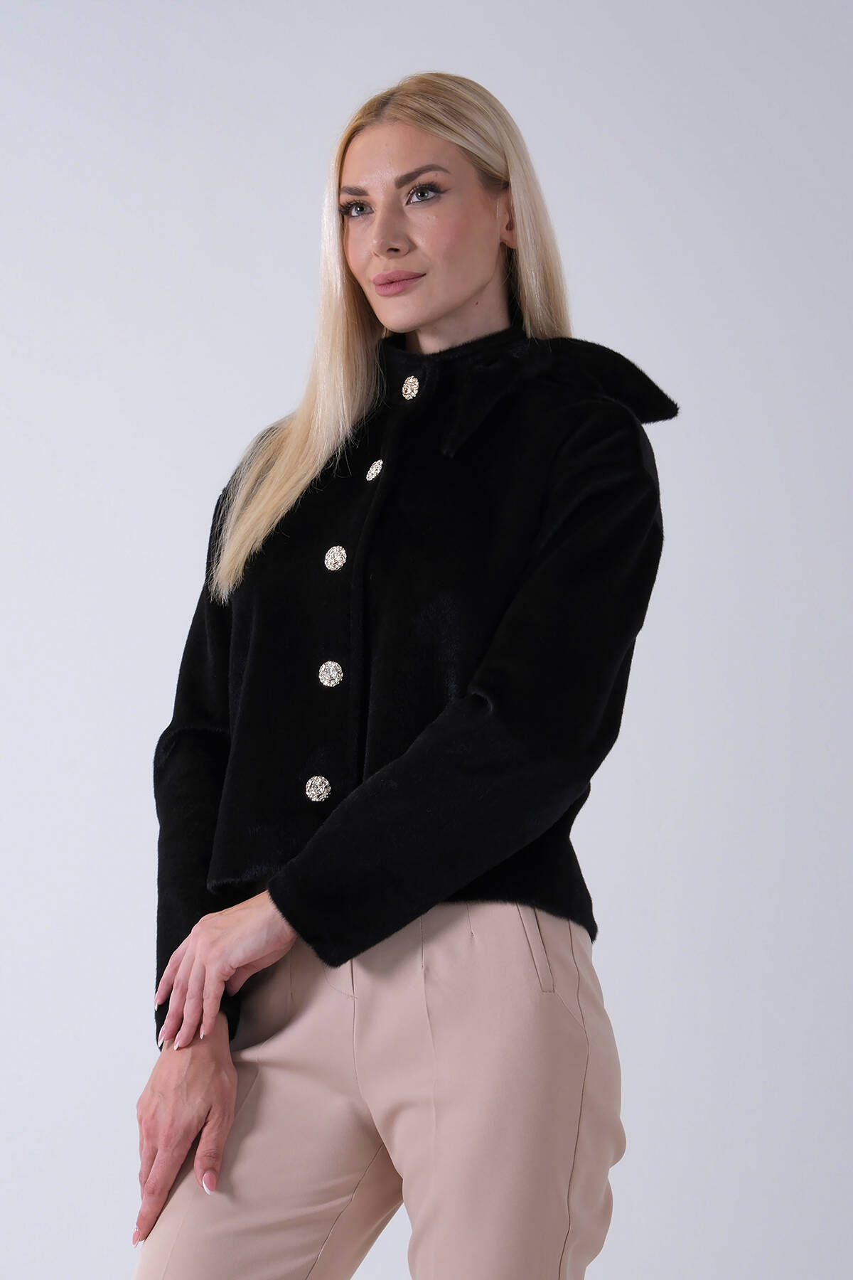 Siyah Omuz Fiyonk Detaylı Düğme Kapamalı Kaşe Ceket 41630060.01 Siyah