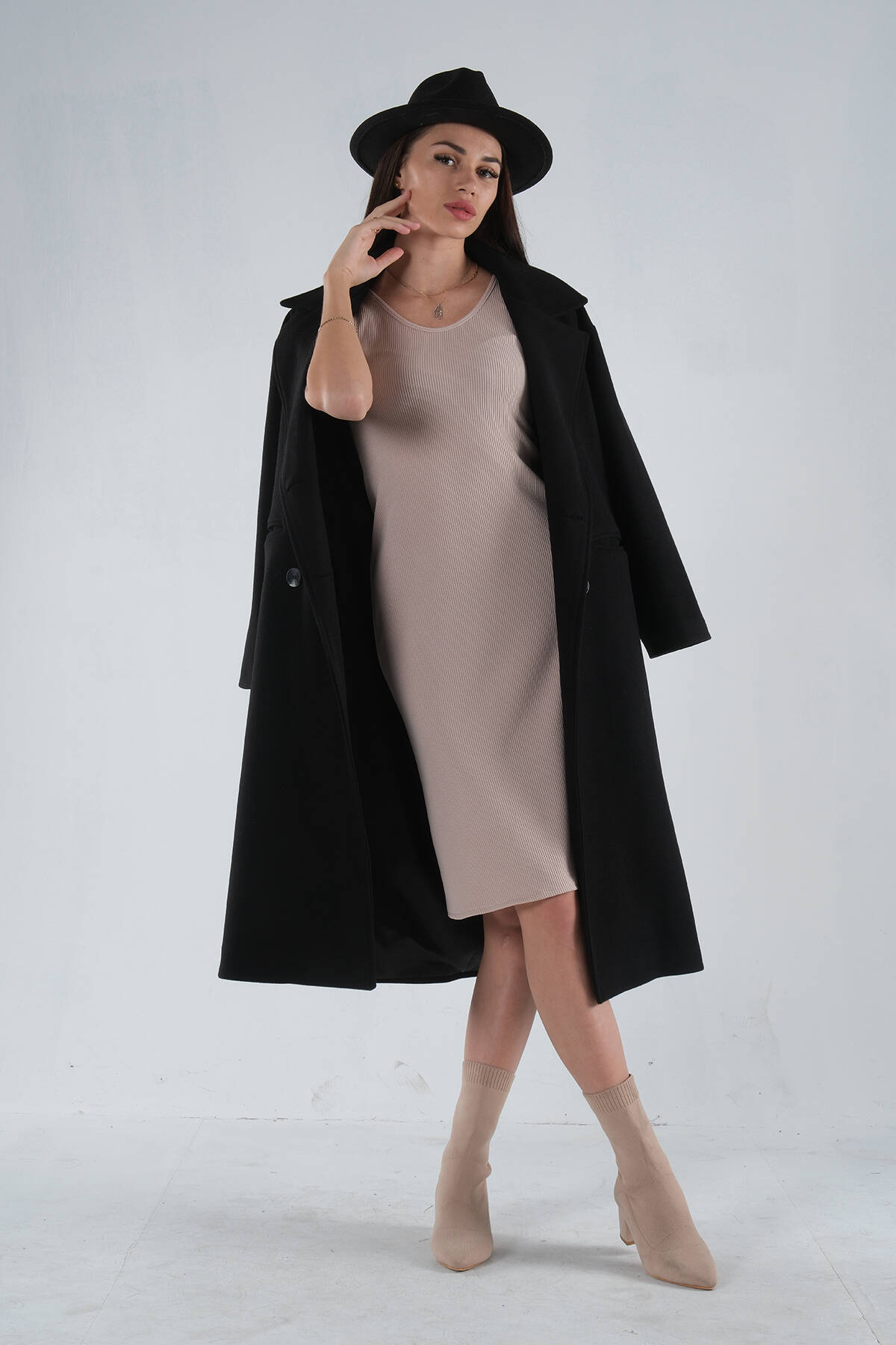 Siyah Önden Düğmeli Oversize Örme Kaşe Kaban 0108068.01 - Ardanewline