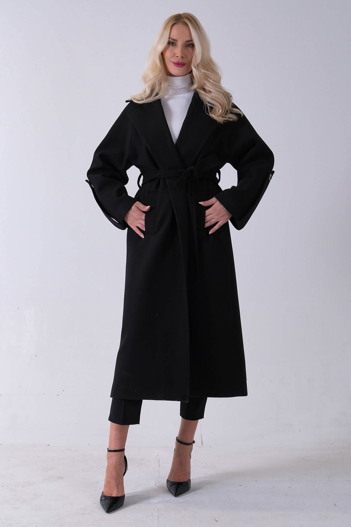 Siyah Önden Düğmeli Oversize Örme Kaşe Kaban 0108081.01 