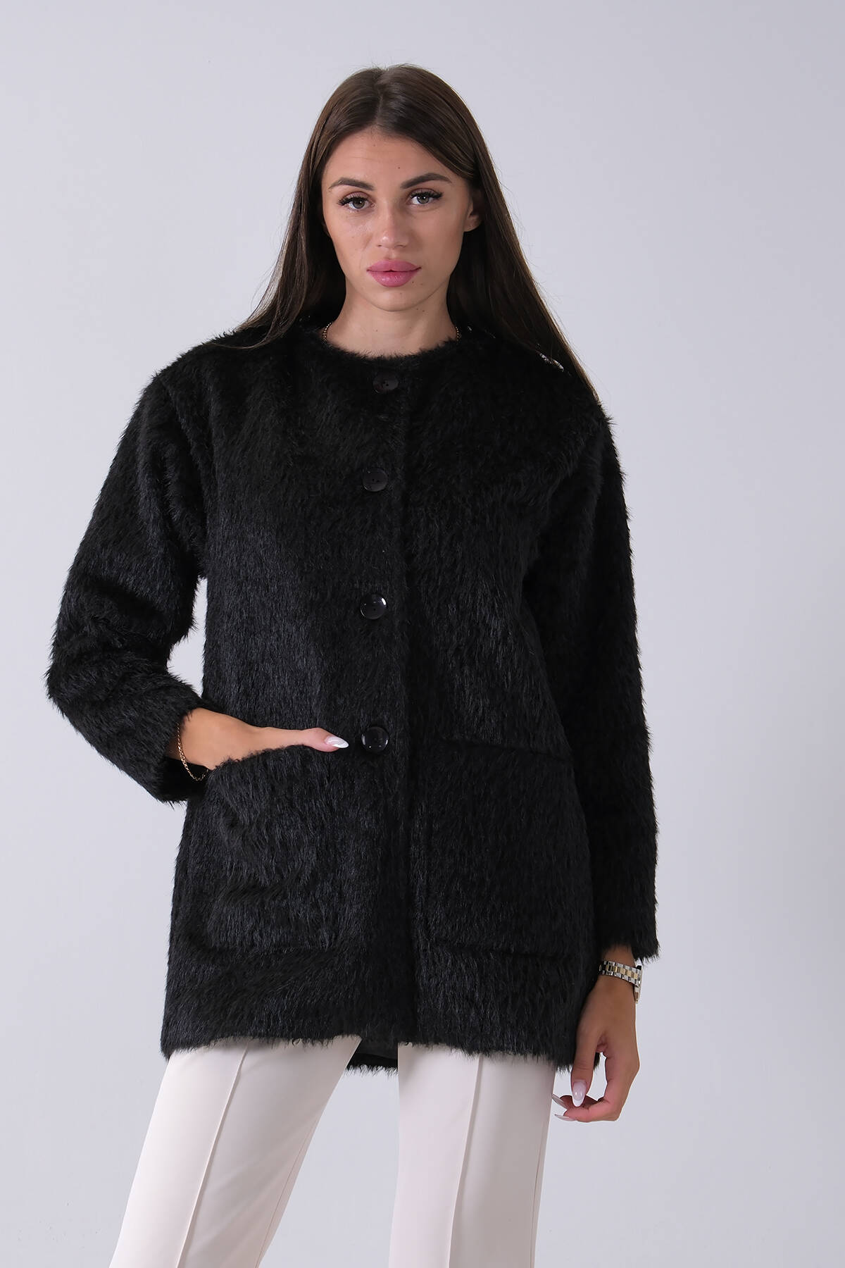 Siyah Önü 4 Düğme Kapamalı Çift Cepli Kuşaklı Kap 940140187.01 - Ardanewline