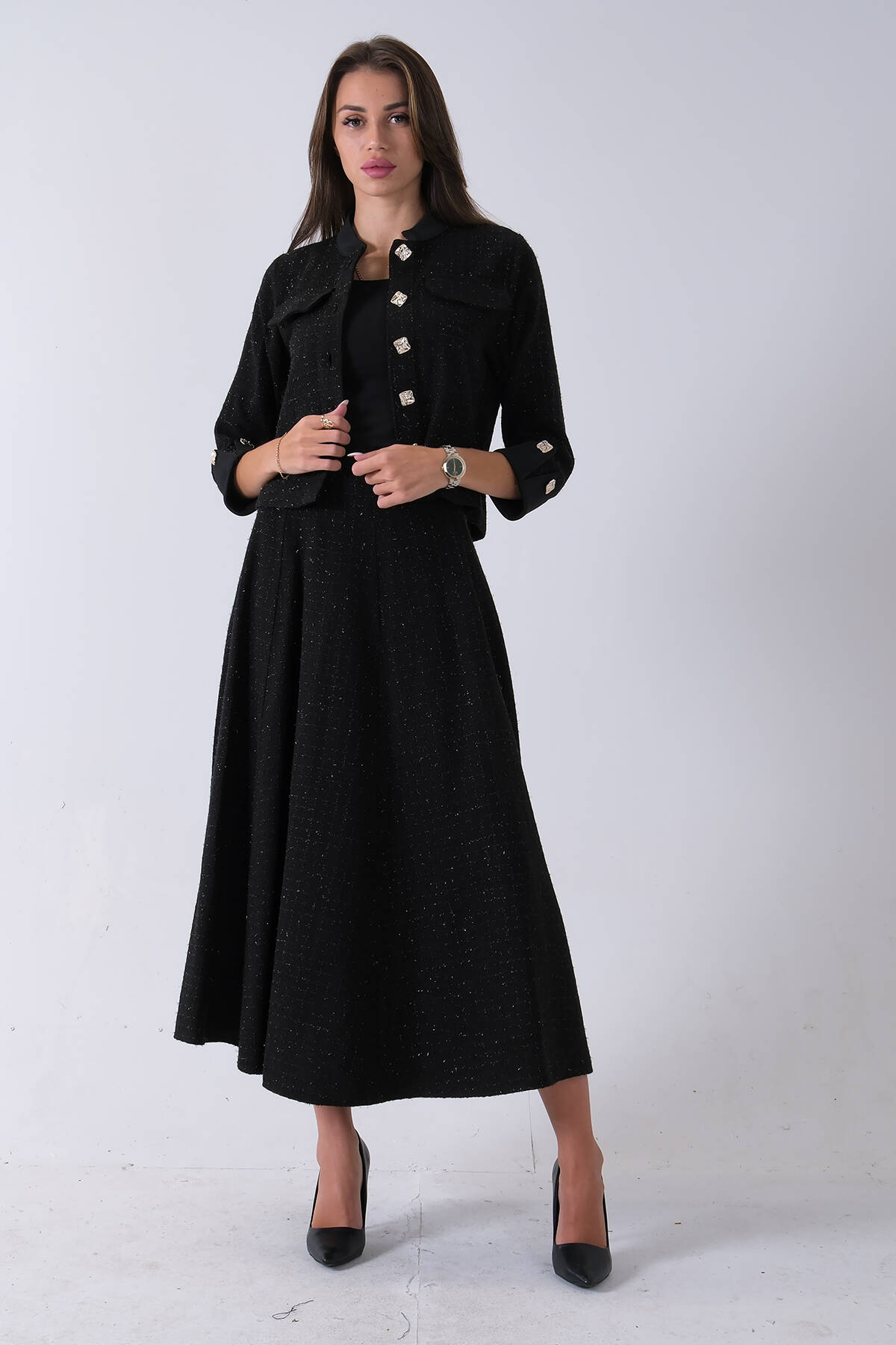 Siyah Önü Düğme Kapamalı Crop Ceket Etekli Tüvid Takım 45950601.01 Siyah