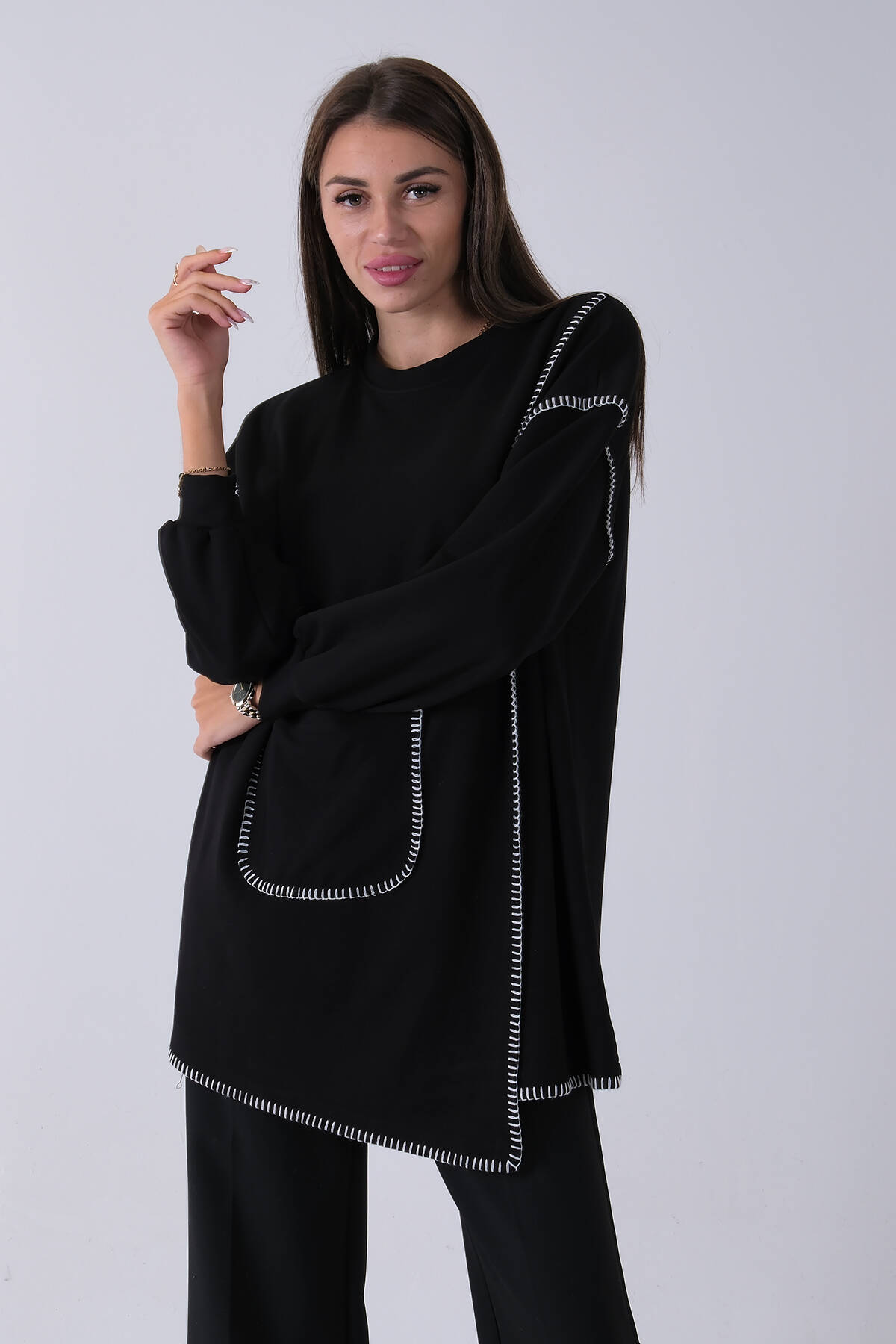 Siyah Önü Kanguru Cep Detaylı Çizgi Dikişli Bisiklet Yaka Tunik 940170263.01 - Ardanewline (1)