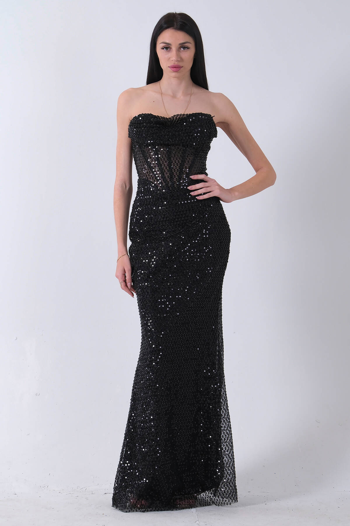 Siyah Pul Taş İşlemeli Straplez Balık Abiye 9705304.01 