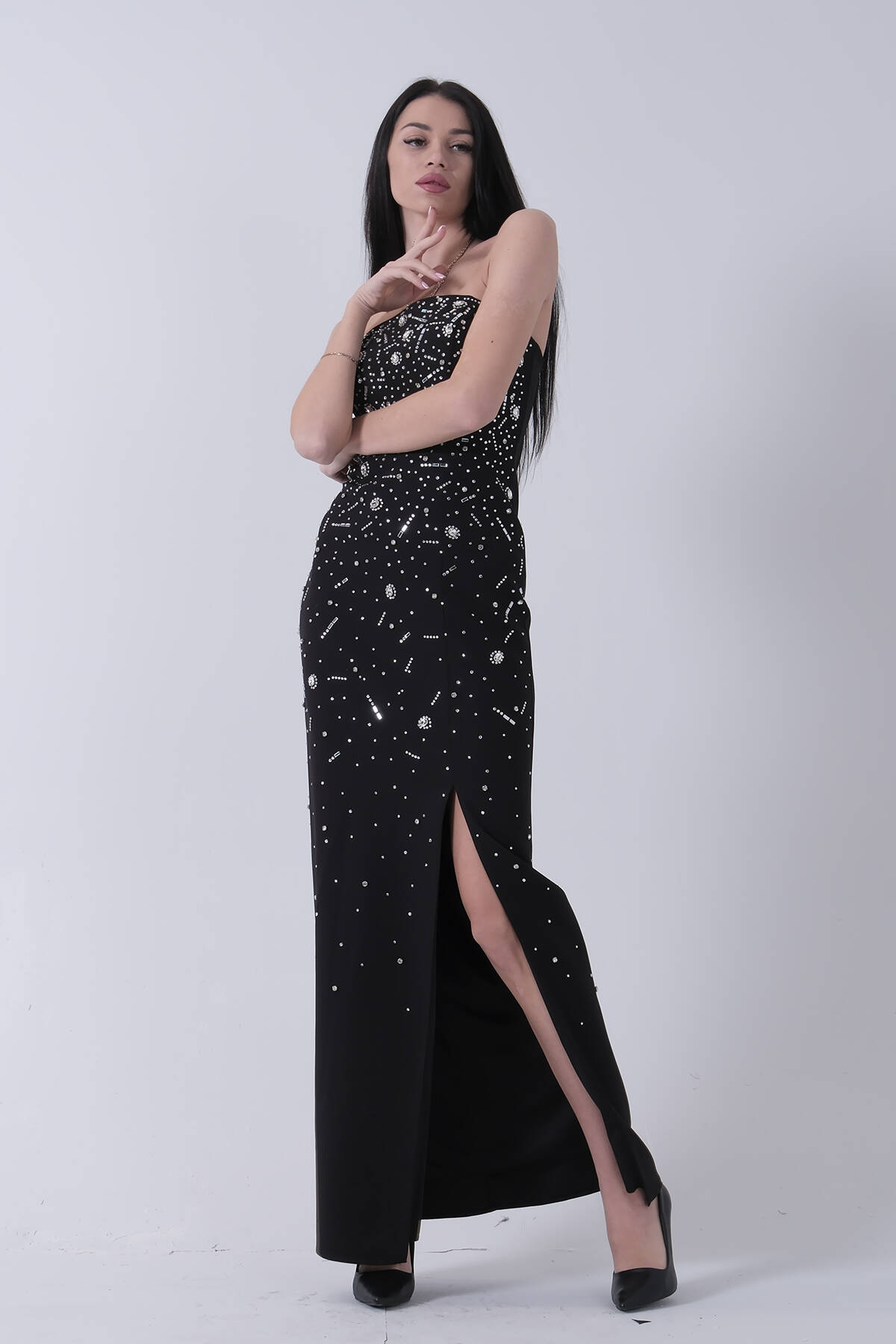 Siyah Taş İşlemeli Straplez Yırtmaçlı Abiye 0801045.01 