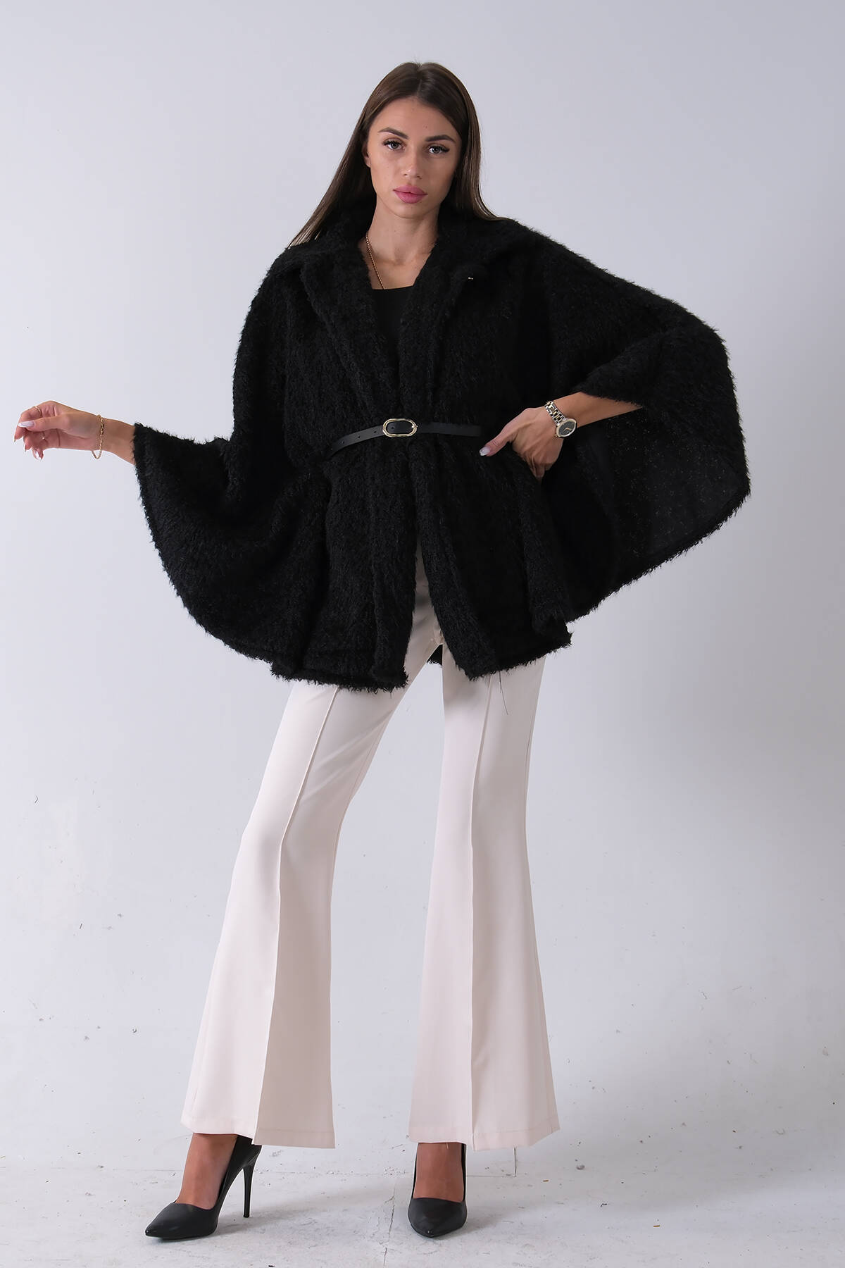 Siyah Tek Düğme Kapamalı Kemerli Yün Peluş Ceket 940140183.01 Siyah