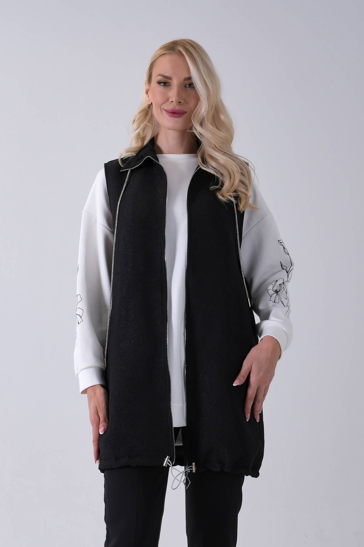 Siyah Tunik Kolu Çiçek Desenli Yelekli 2'li Takım 940120274.01 Siyah