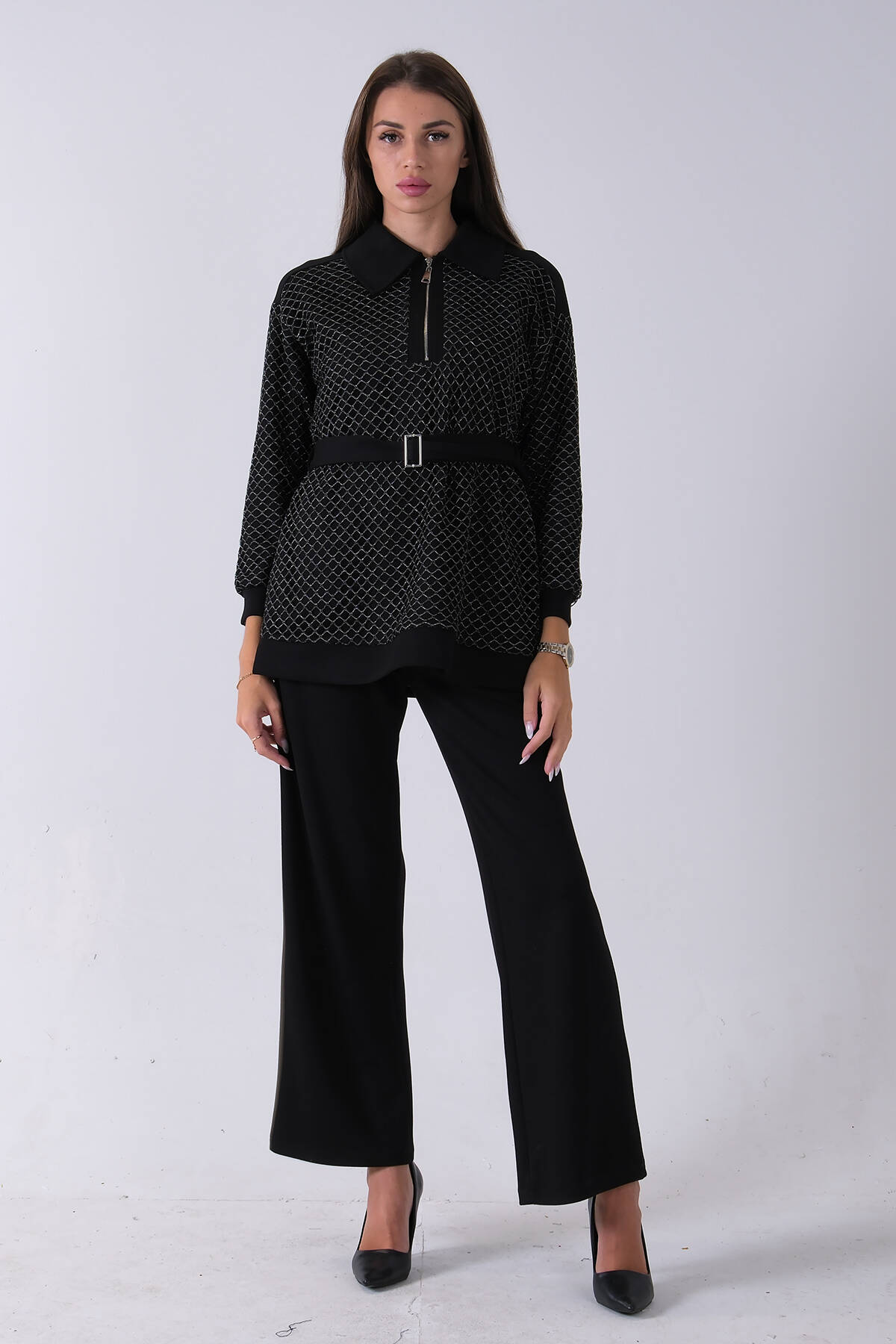 Siyah Tunik Yaka Fermuar Kapamalı File Detaylı Pantolonlu Takım 4577283.01 - Ardanewline