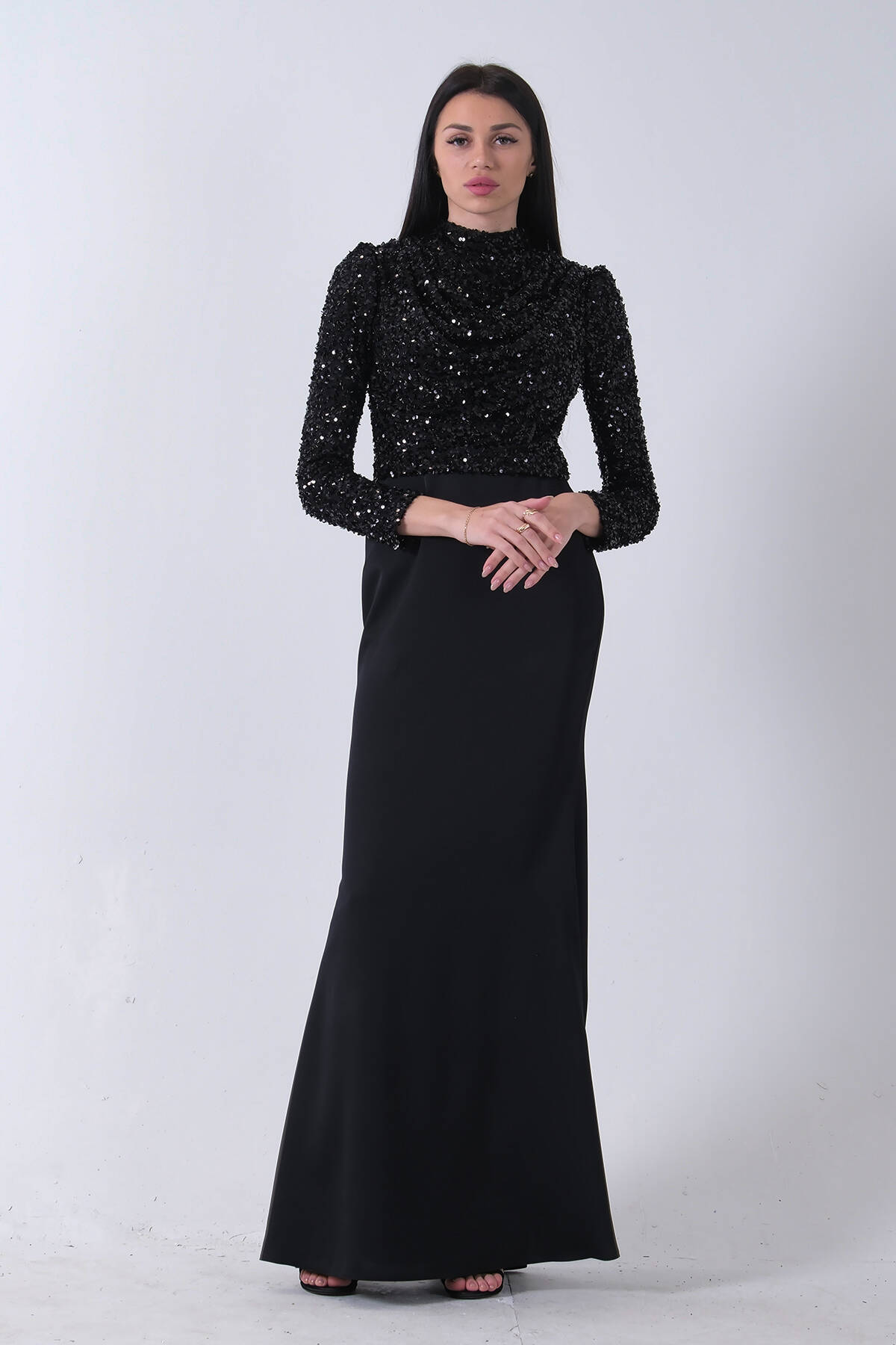 Siyah Üst Pul Payet Alt Krep Tesettür Abiye 6502497.01 Siyah