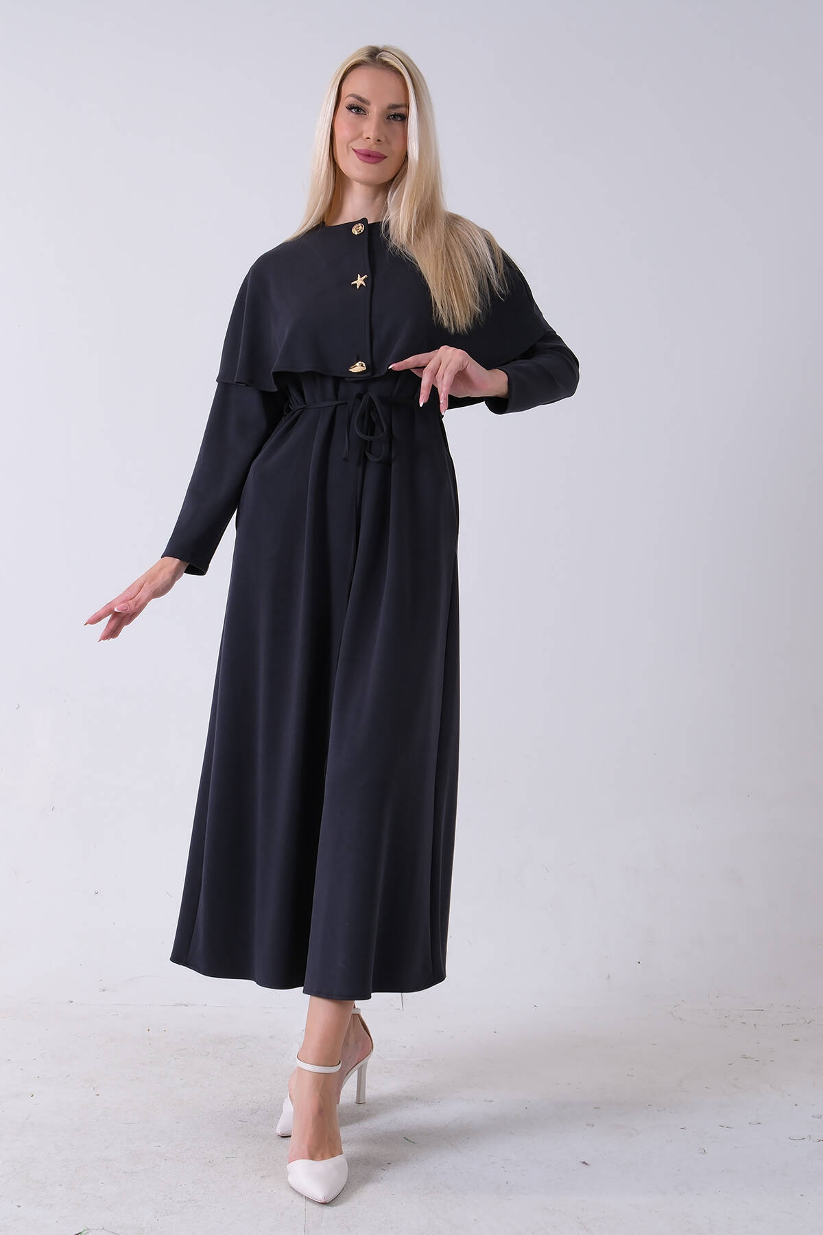 Siyah Üzeri Kendinden Şallı Kemer Bağlamalı Tesettür Elbise 4571581.01 - Ardanewline