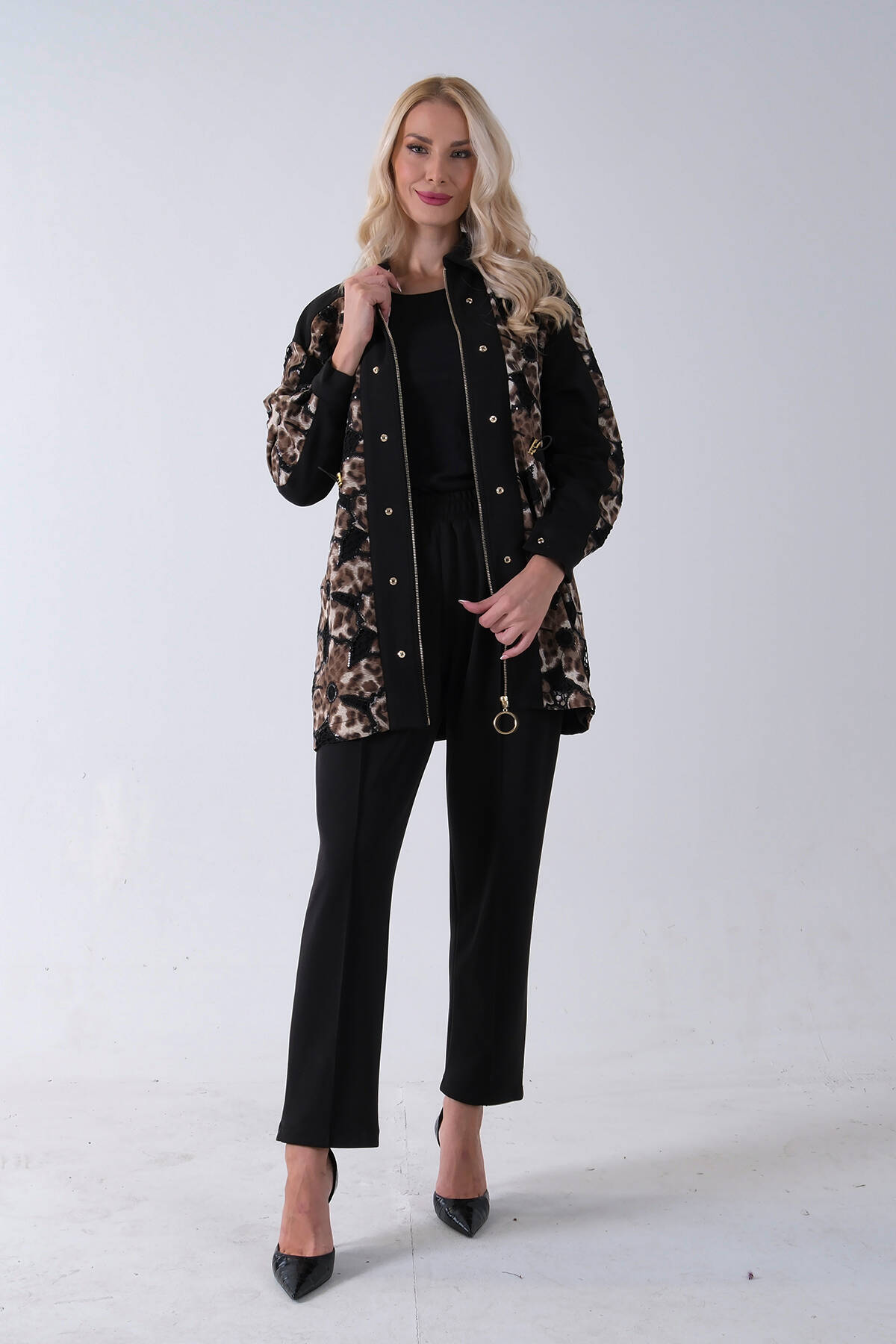 Siyah Üzeri Leopar Desenli Belden Lastikli Pantolon Tunikli Takım 4701402.01 - Ardanewline