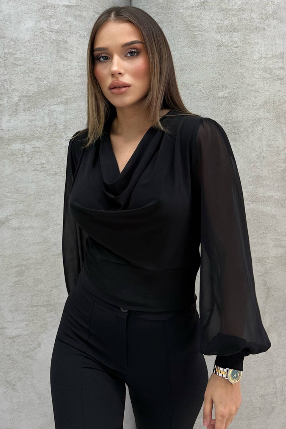 Siyah Uzun Kol Degaje Yaka Bluz 4202512.01 Siyah