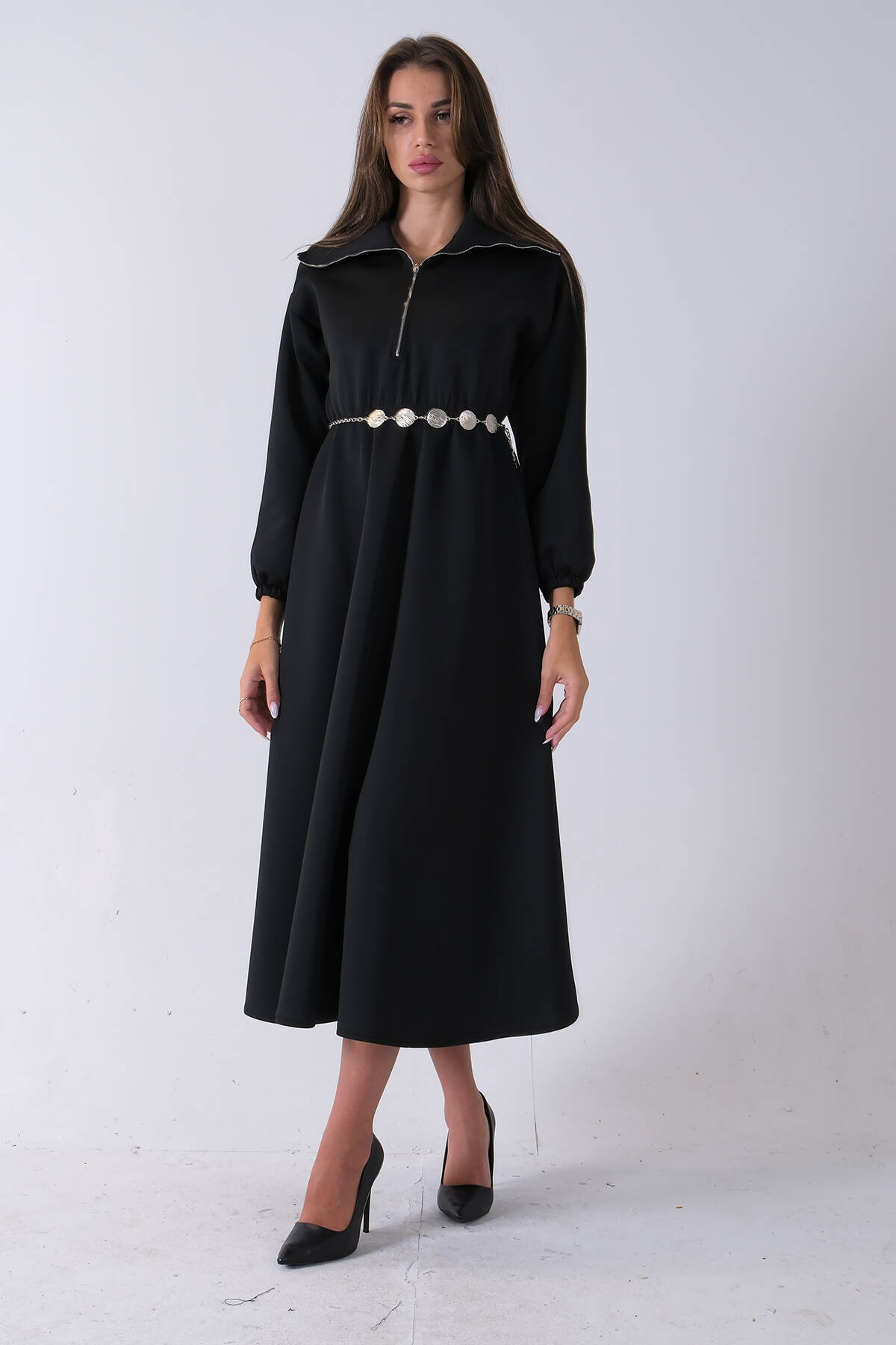 Siyah Yaka Fermuar Detaylı Bel ve Bileği Lastikli Kemerli Scuba Elbise 4593455.01 Siyah