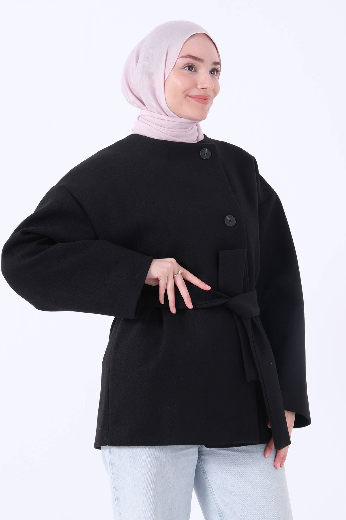 Siyah Yan Düğmeli Kemerli Kaşe Ceket 39712731.01 