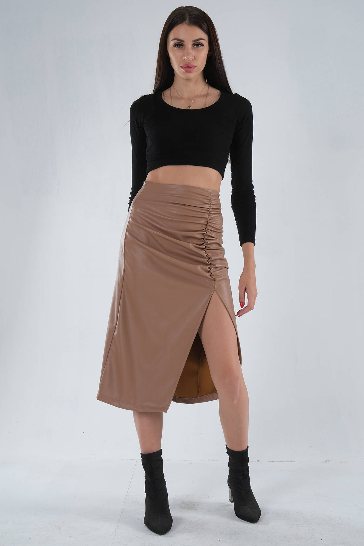 Sütlü Kahve Büzgülü Deri Etek 0101064.374 - Ardanewline (1)