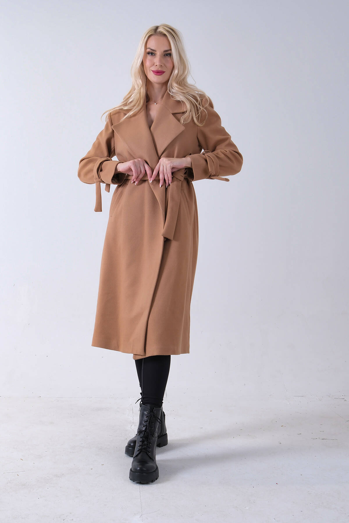 Sütlü Kahve Kol Bağlamalı Seyyar Kuşaklı Uzun Kaşe Kaban 41630051.374 Sütlü Kahve