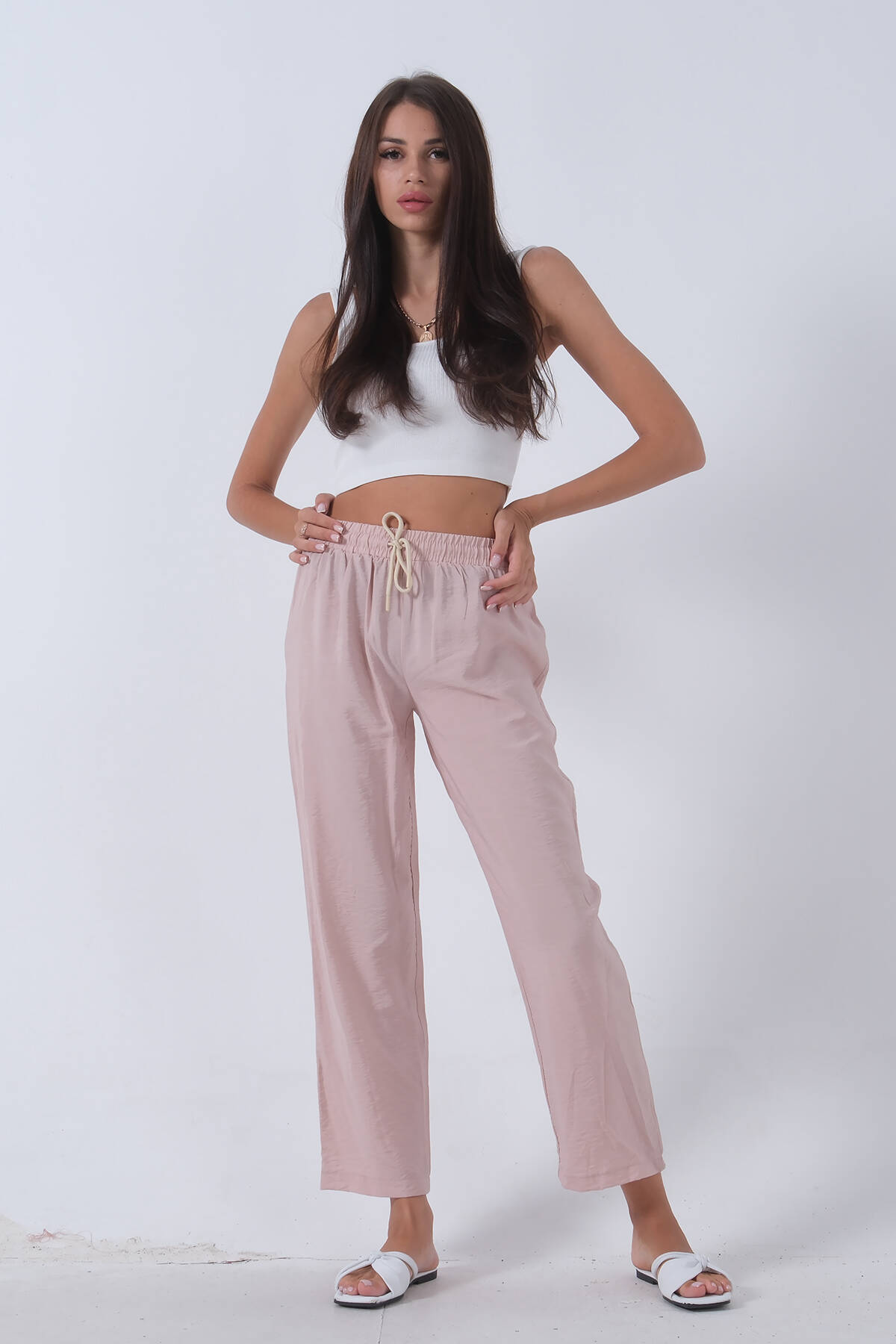 Taş Belden Bağlamalı Lastikli Keten Pantolon 0803447.50 