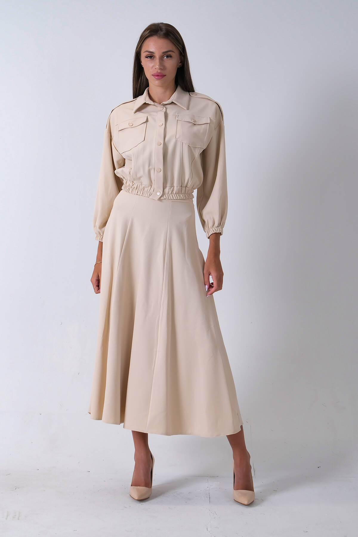 Taş Beli Lastikli Cepli Ceket ve Etek İkili Takım 4595053.50 Taş