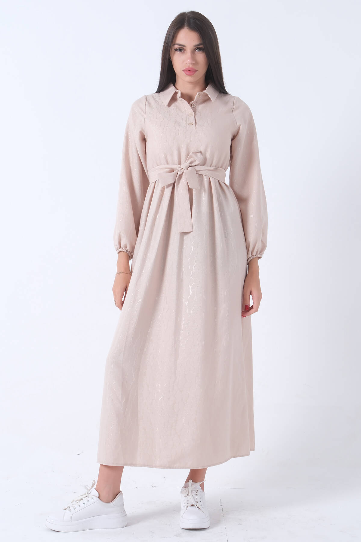 Taş Beli Lastikli Gömlek Yaka Kuşaklı Tesettür Elbise 4593296.50 