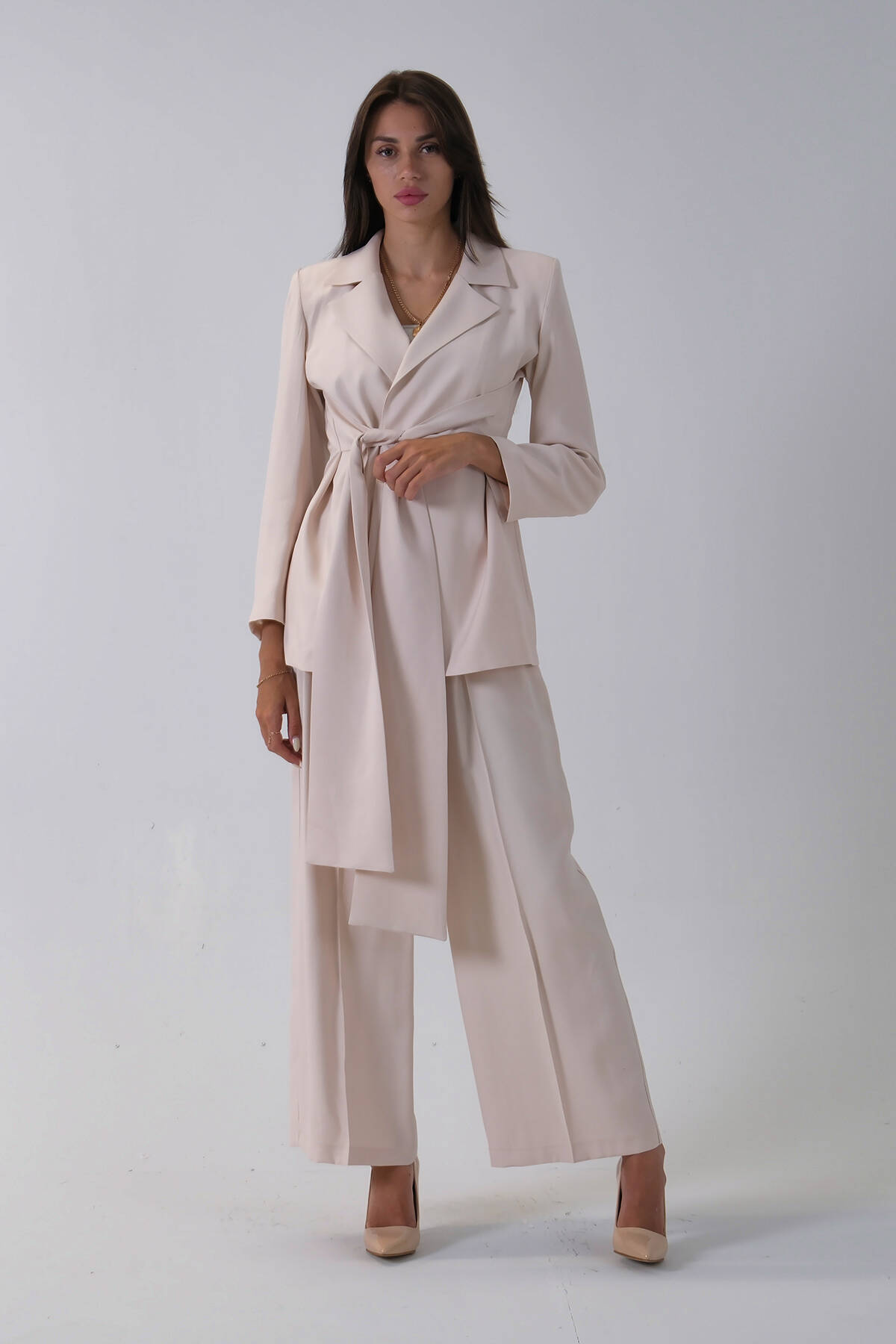 Taş Ceket Kuşak Bağlama Detaylı Pantolonlu Takım 0106327.50 Taş