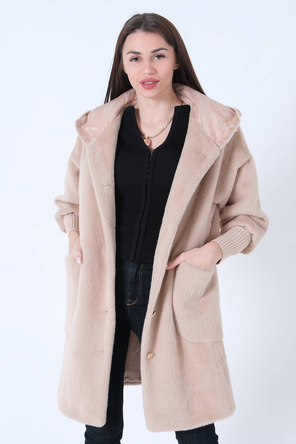 Taş Gold Düğmeli Kapüşonlu Yün Peluş Kaban 44510388.50 - Ardanewline (1)