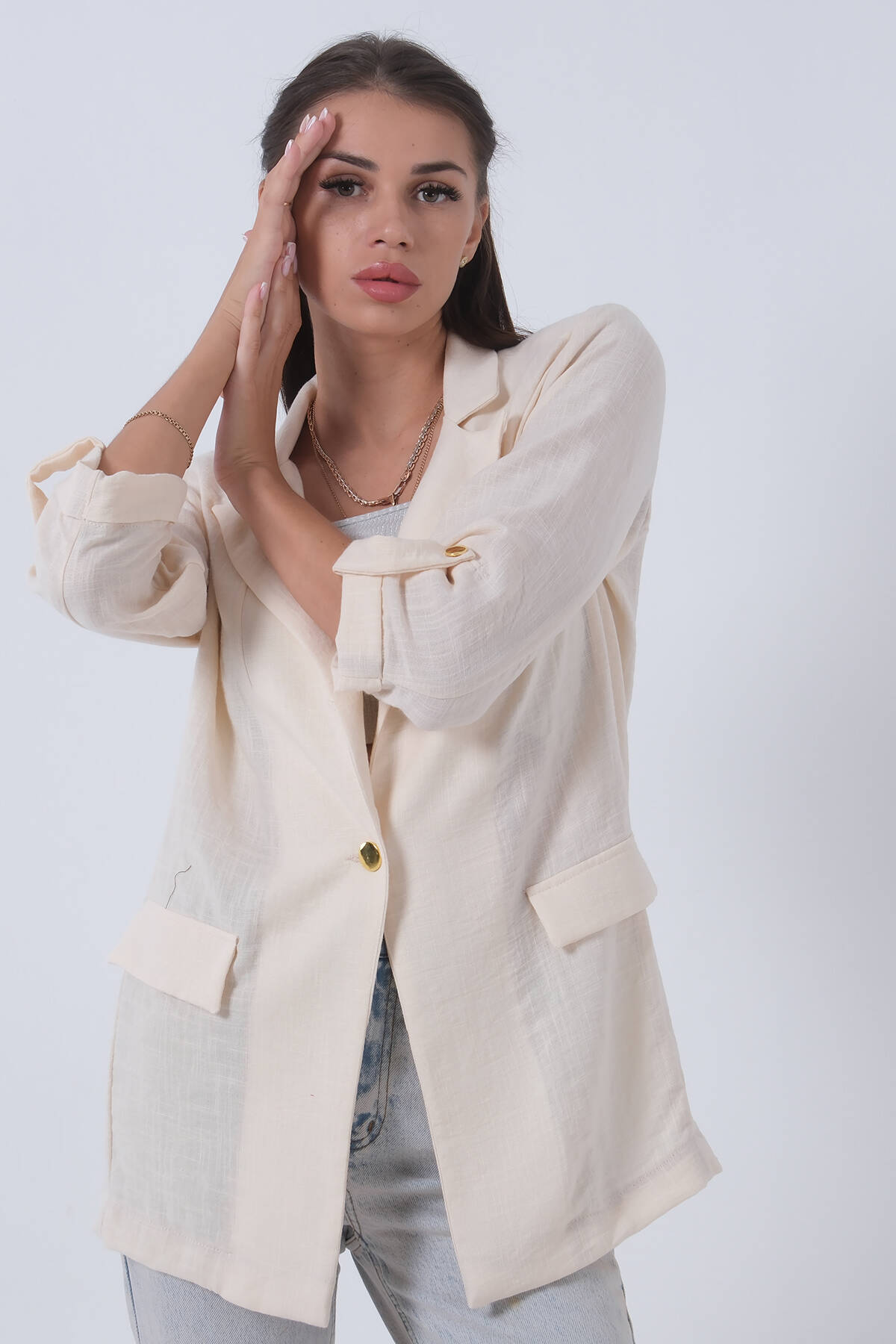 Taş Kolları Düğme Toparlamalı Keten Ceket 01051361.50 