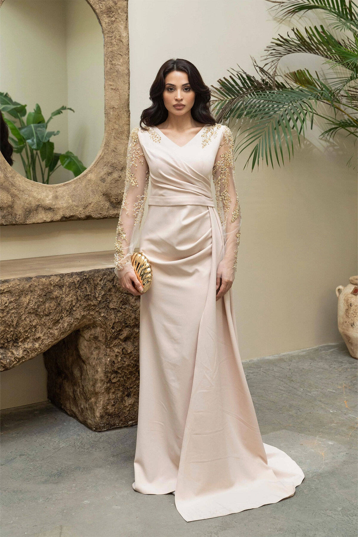 Taş Kolları Transparan Boncuk İşleme Detaylı Tesettür Abiye 080303.50 - Ardanewline