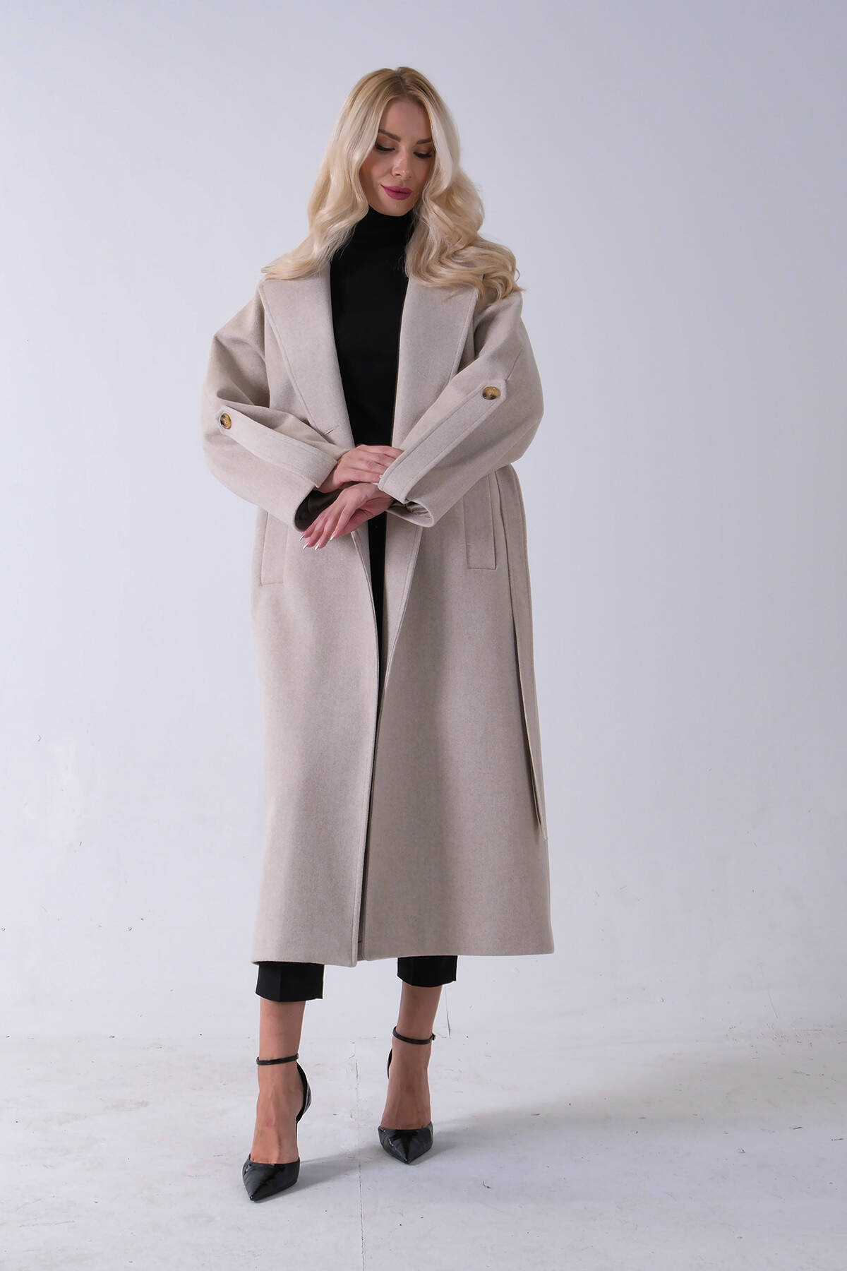 Taş Önden Düğmeli Oversize Örme Kaşe Kaban 0108081.50 Taş