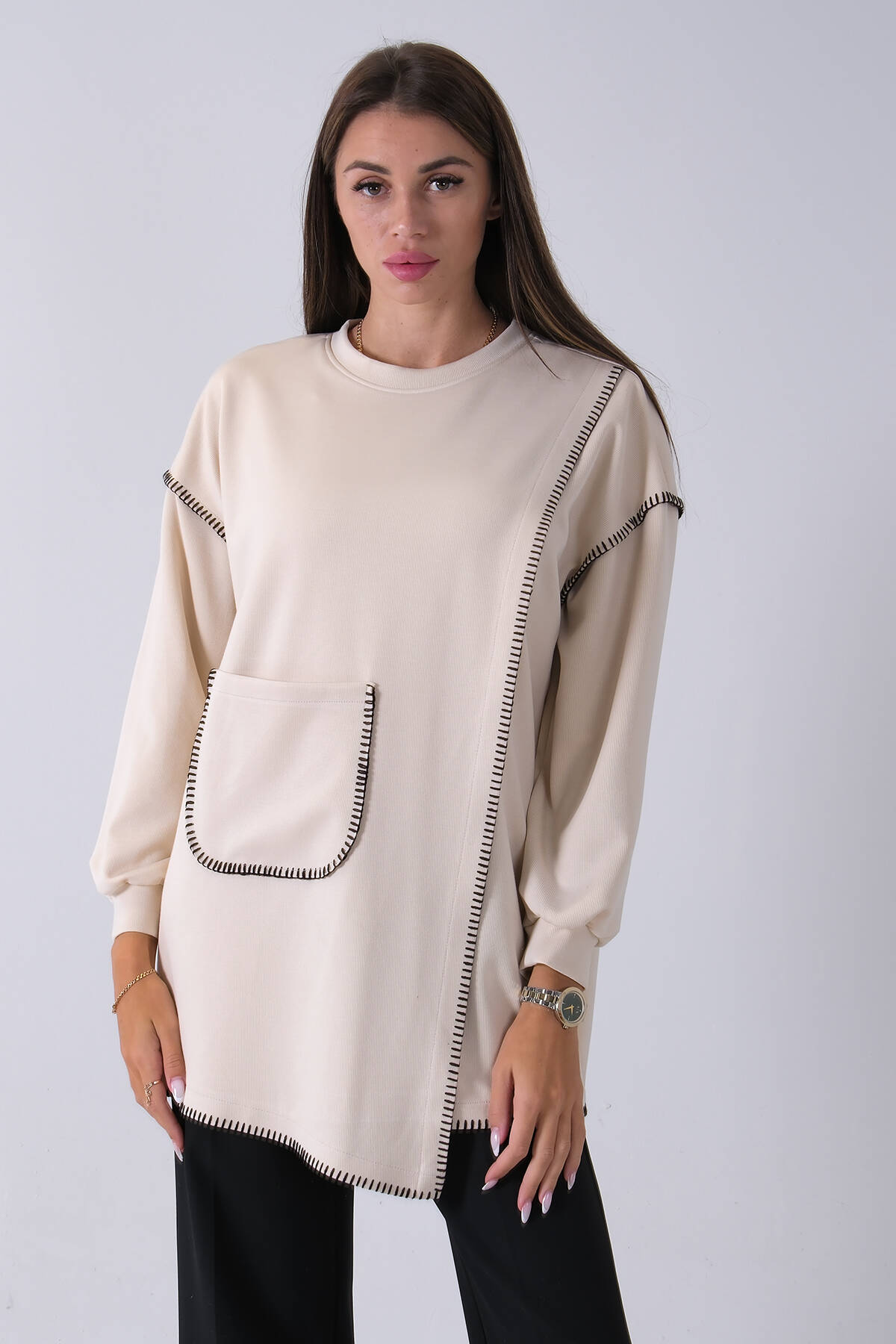 Taş Önü Kanguru Cep Detaylı Çizgi Dikişli Bisiklet Yaka Tunik 940170263.50 - Ardanewline