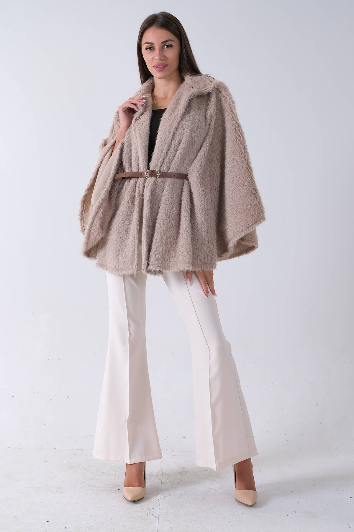 Taş Tek Düğme Kapamalı Kemerli Yün Peluş Ceket 940140183.50 Taş