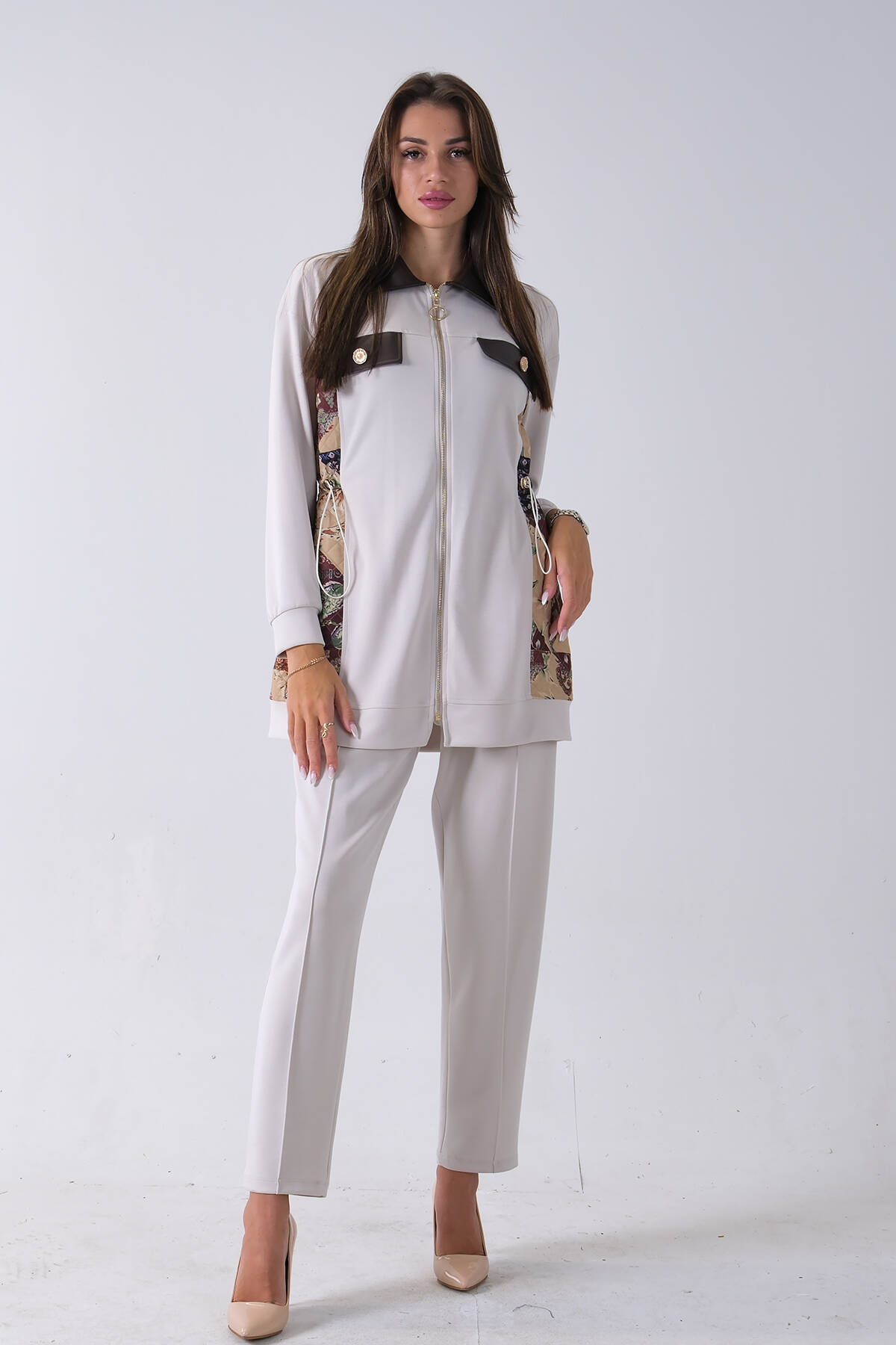 Taş Üzeri Desenli Yaka Deri Detaylı Fermuar Kapamalı Tunik Pantolonlu Takım 4703058.50 - Ardanewline