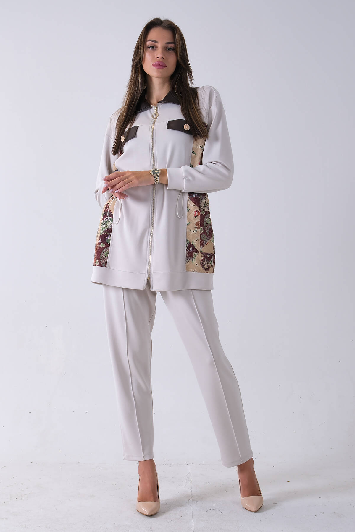 Taş Üzeri Desenli Yaka Deri Detaylı Fermuar Kapamalı Tunik Pantolonlu Takım 4703058.50 - Ardanewline (1)