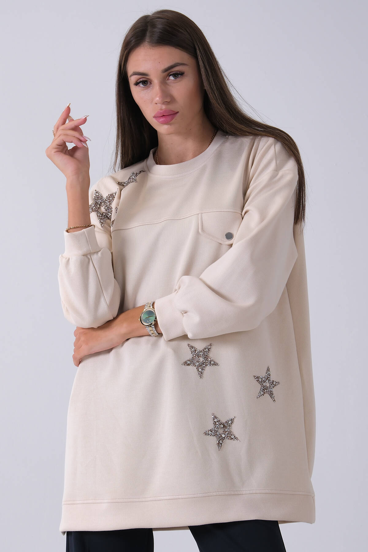 Taş Üzeri Yıldız Desenli Taş İşlemeli Cep Görünümülü Tunik 940170258.50 - Ardanewline