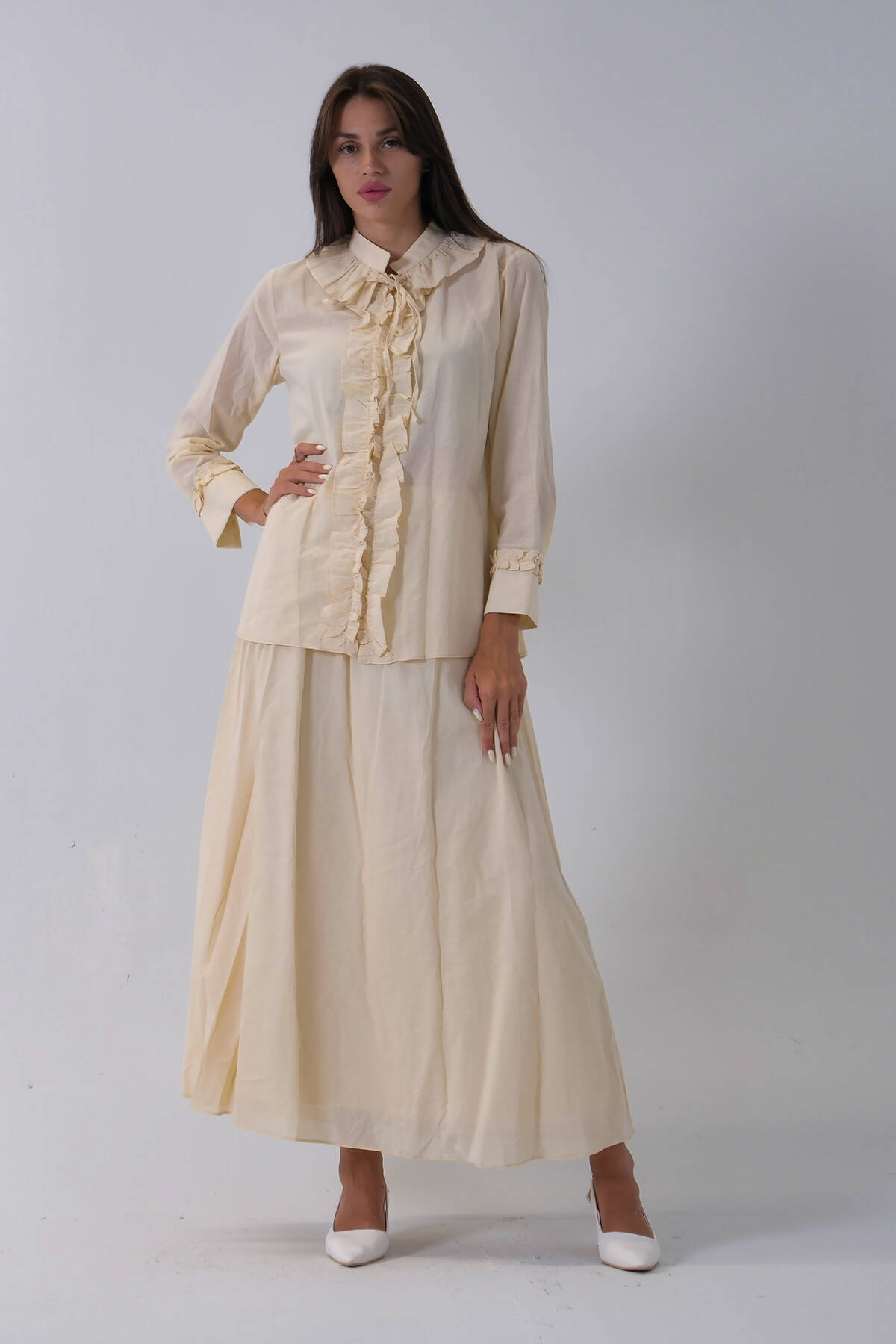 Taş Yaka ve Bilek Fırfır Detaylı Etekli Takım 4592246.50 Taş