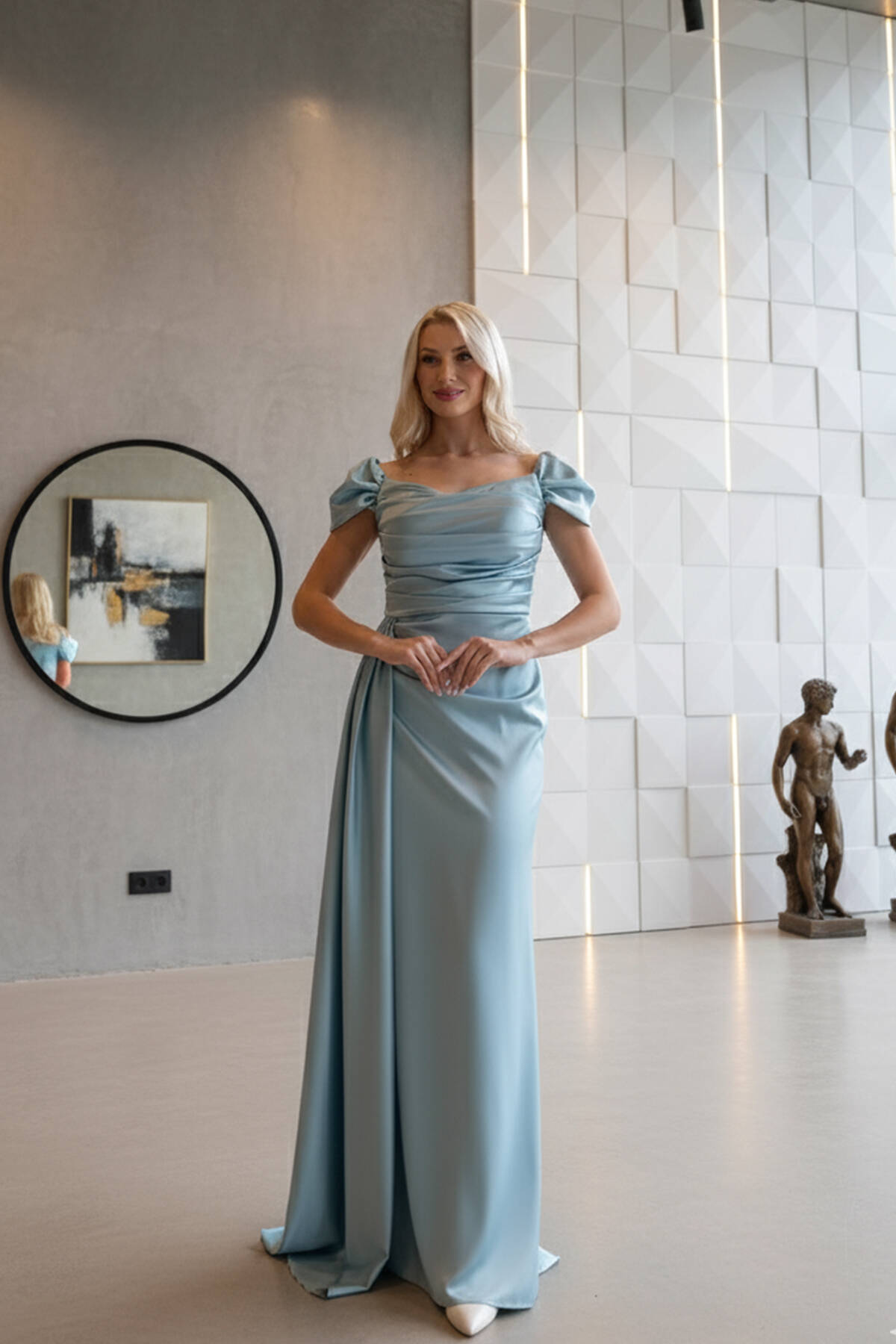 Turkuaz Drape Detaylı Saten Kumaş Abiye Elbise 9704858.14 - Ardanewline