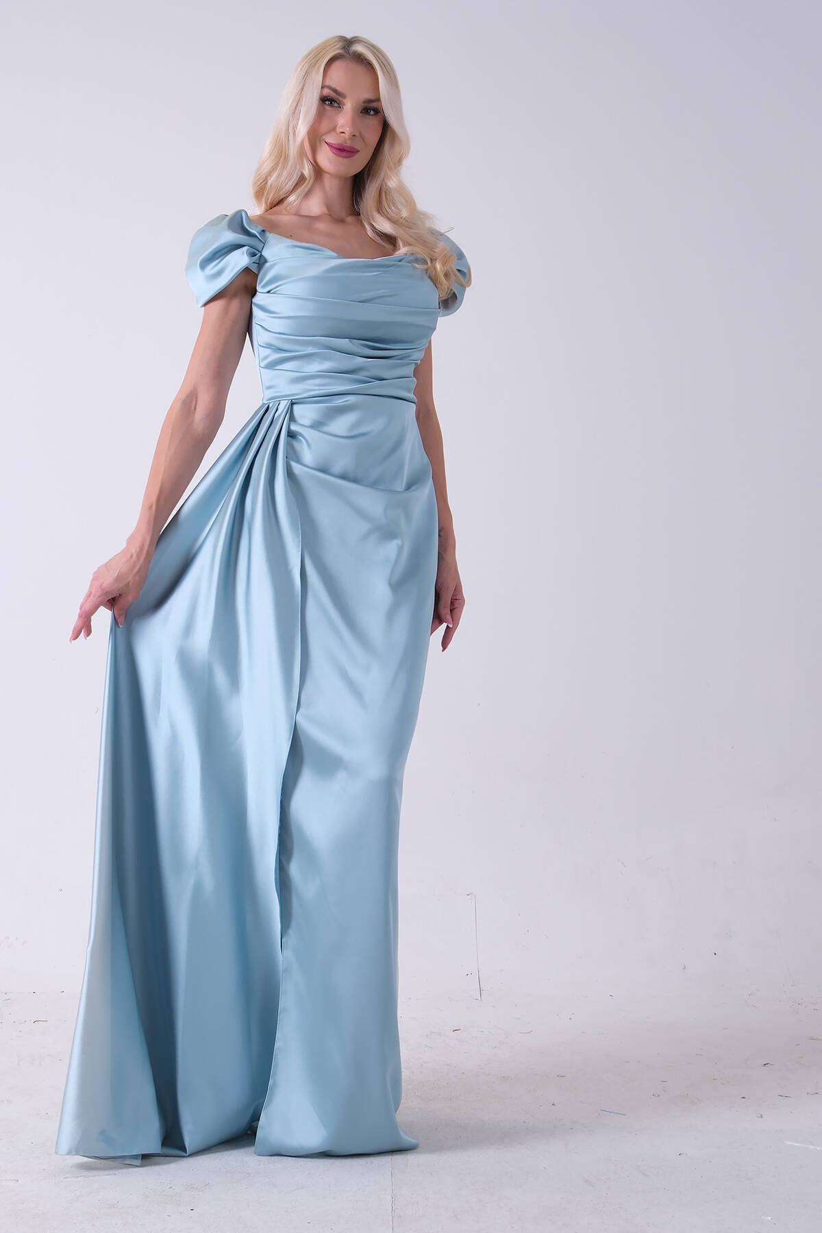 Turkuaz Drape Detaylı Saten Kumaş Abiye Elbise 9704858.14 - Ardanewline (1)