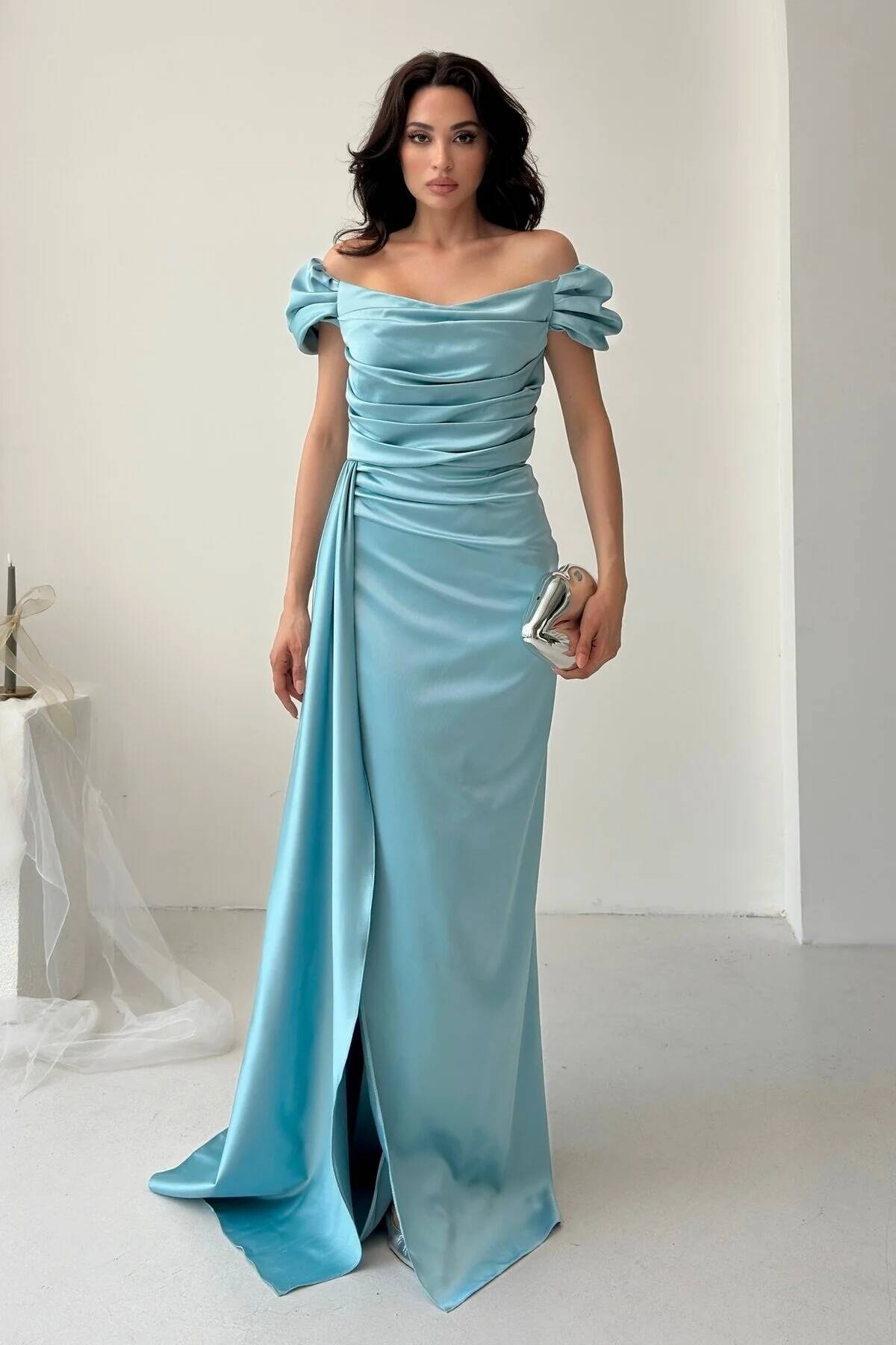 Turkuaz Drape Detaylı Saten Kumaş Abiye Elbise 9704858.14 Turkuaz