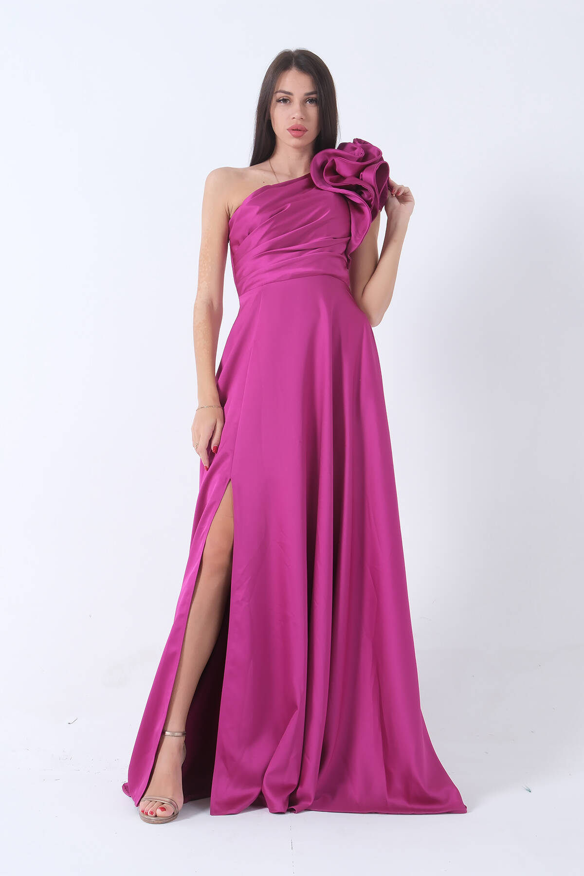 Violet Saten Omuz Fiyonklu Abiye Elbise 1302192.273