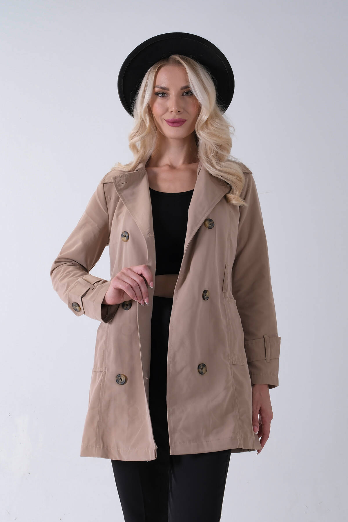 Vizon Bilek ve Omuz Apolet Detaylı Kemerli Düğme Kapamalı Trenç 4200829.34 Vizon